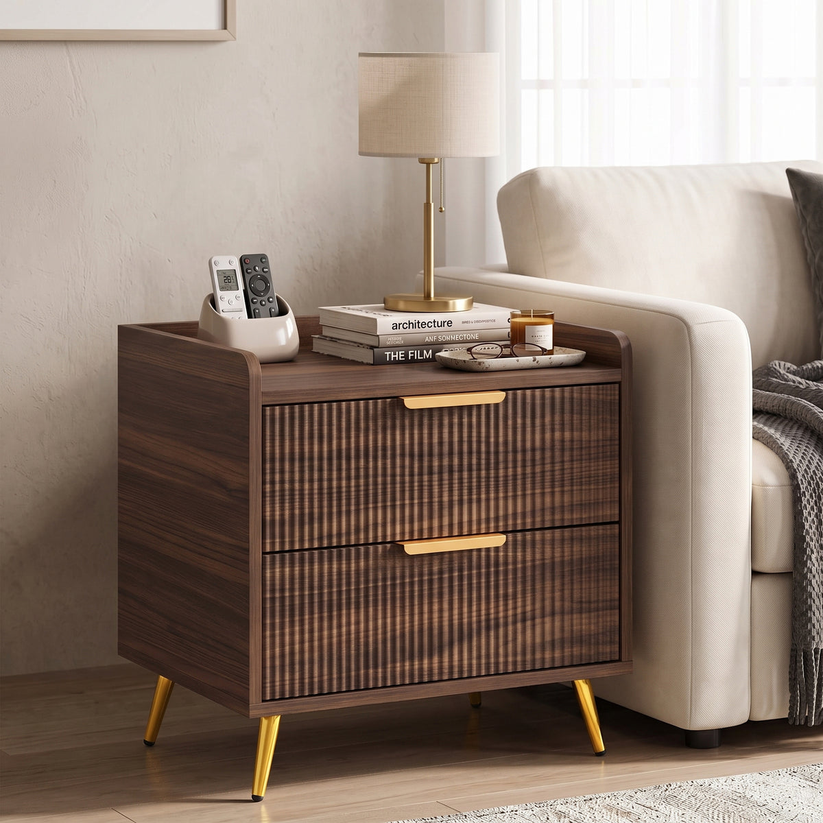 Bedside Table, Bedside Cabinet with 2 Drawers, Side End Table with Metal Legs for Bedroom Living Room, Walnut Brown