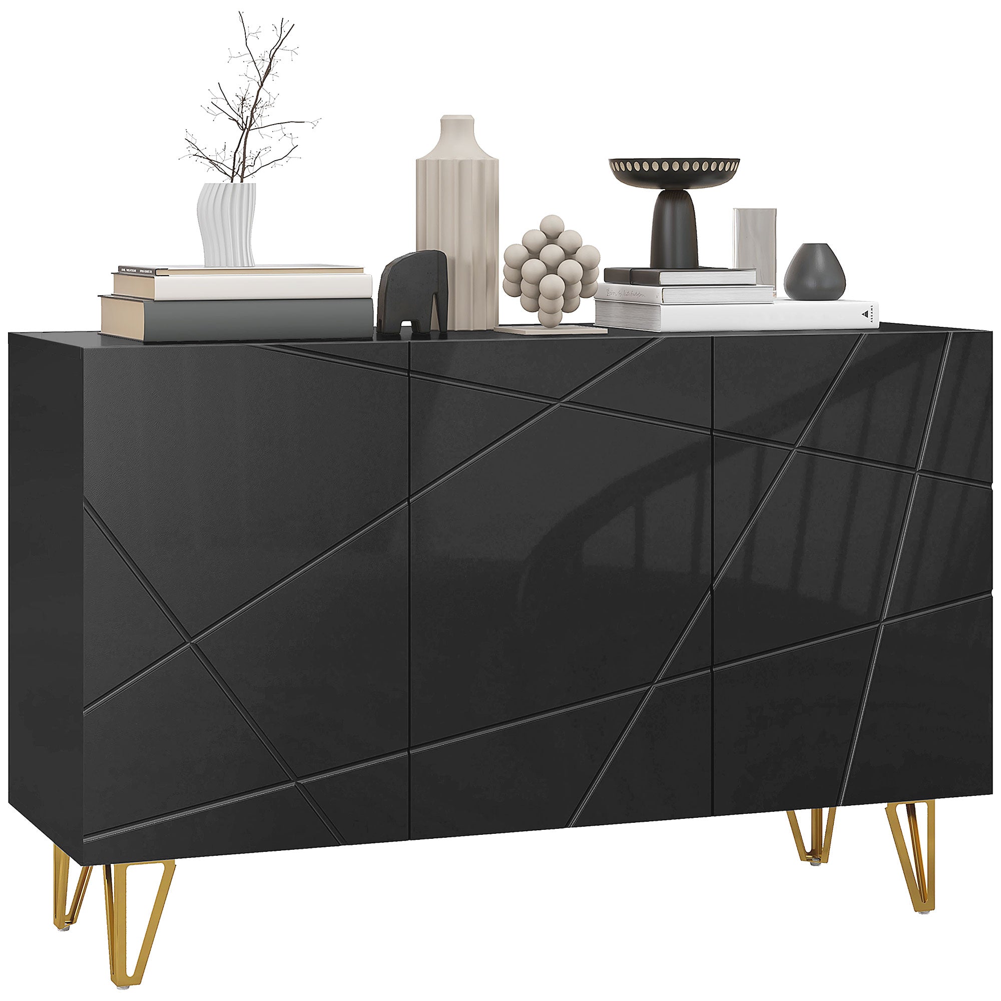 HOMCOM Storage Cabinet with High Gloss, Freestanding Sideboard with Adjustable Shelves, Soft-Close Doors and Gold Tone Hairpin Legs for Living Room, Dining Room, Hallway, Black