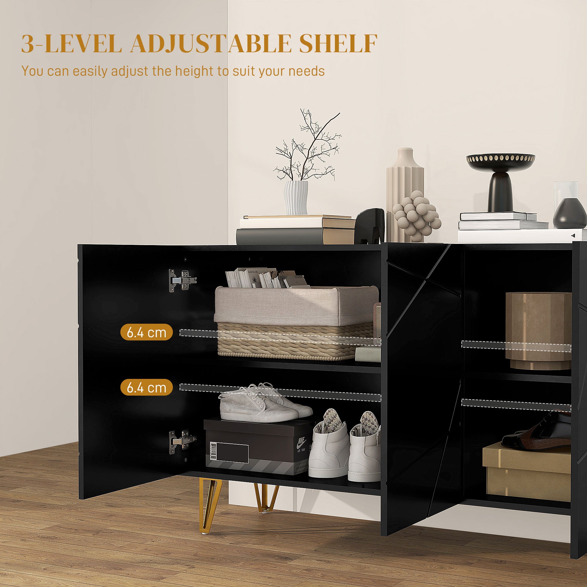 HOMCOM Storage Cabinet with High Gloss, Freestanding Sideboard with Adjustable Shelves, Soft-Close Doors and Gold Tone Hairpin Legs for Living Room, Dining Room, Hallway, Black