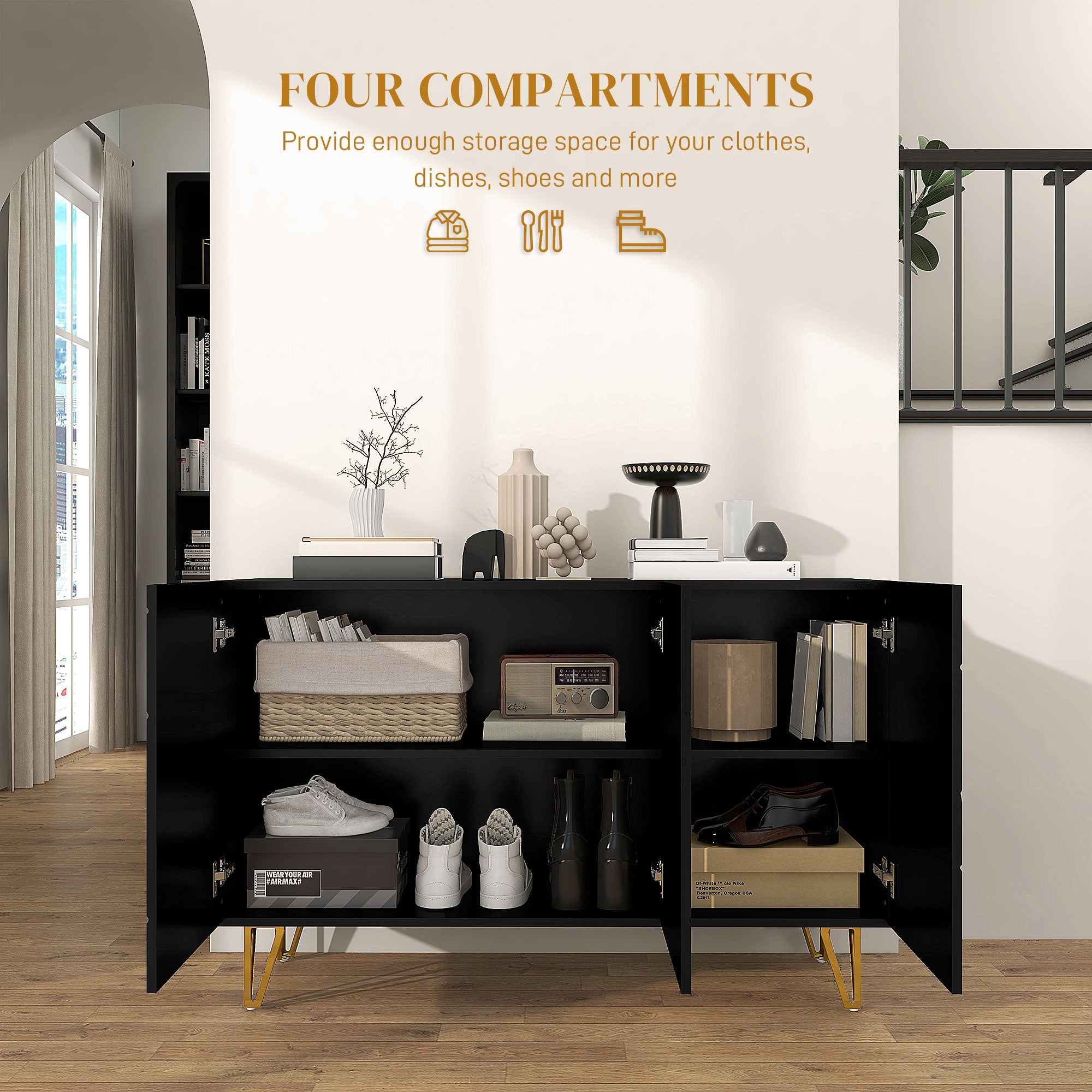 HOMCOM Storage Cabinet with High Gloss, Freestanding Sideboard with Adjustable Shelves, Soft-Close Doors and Gold Tone Hairpin Legs for Living Room, Dining Room, Hallway, Black