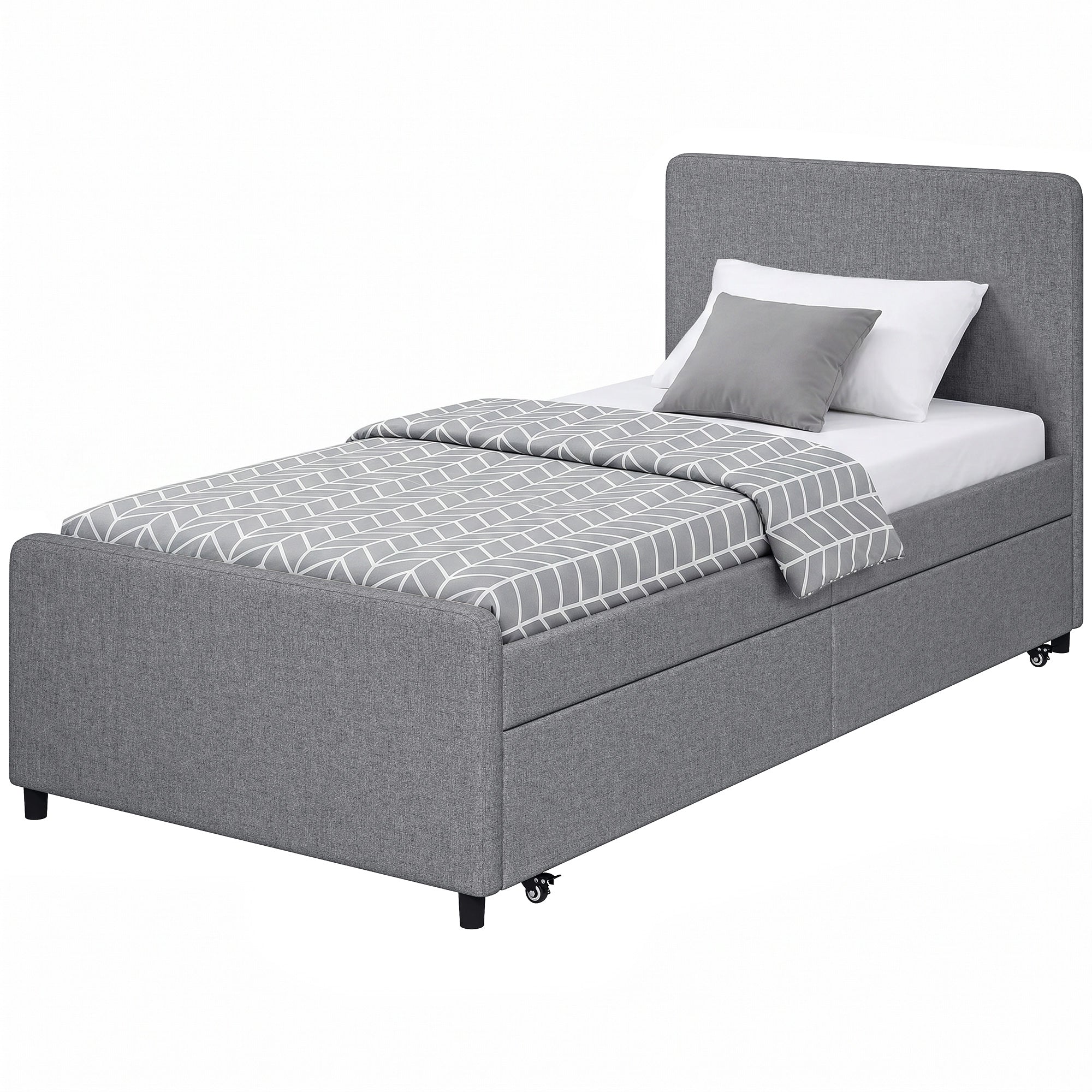 3ft Single Bed Frame with Trundle, Upholstered Pull Out Trundle Bed with Headboard and Footboard for Adults & Teenagers, 90 x 190 cm, No Mattress, Dark Grey