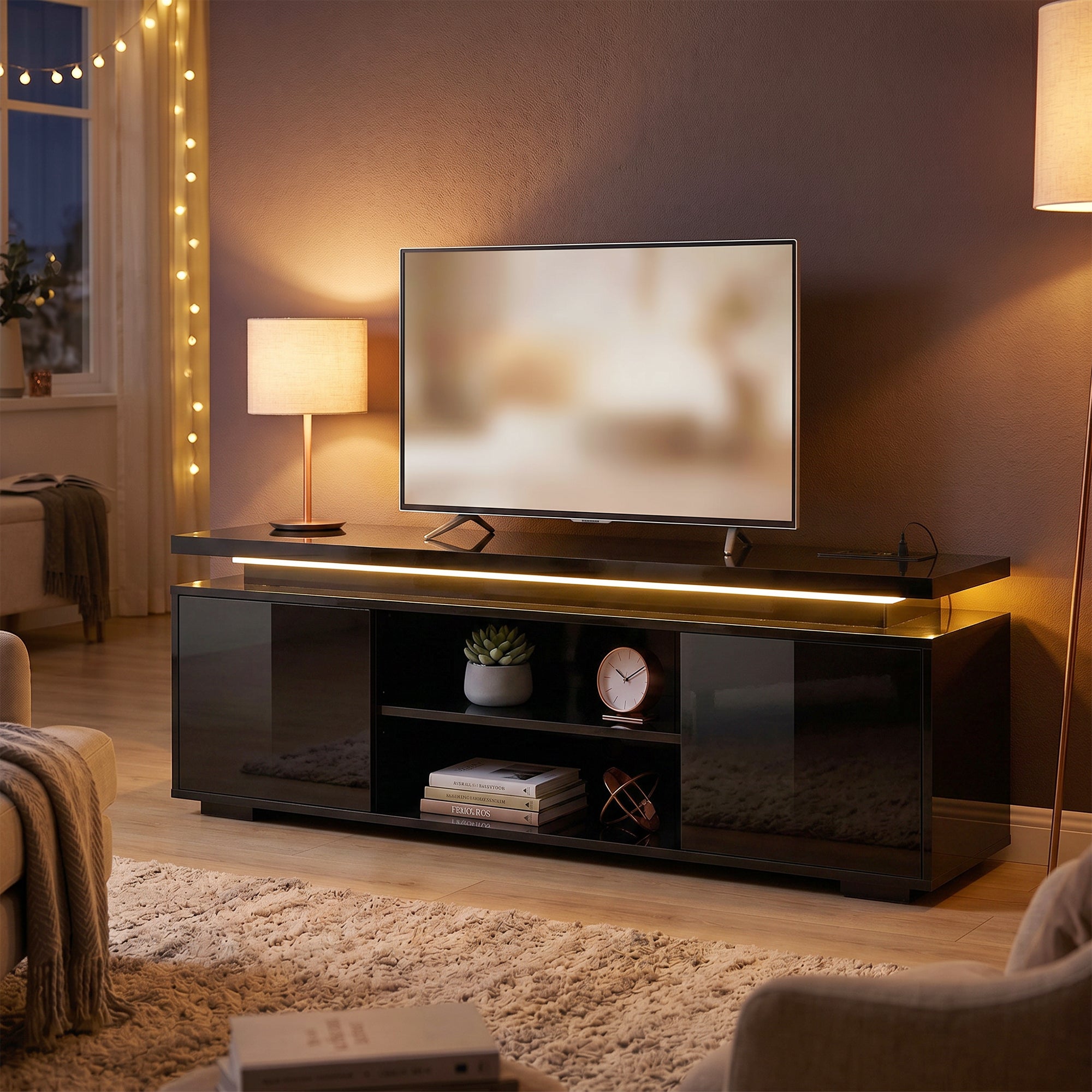 TV Stand for TVs up to 60 Inch, Modern Entertainment Center with LED Lights and Power Outlets, Media Console Table with 2 Cabinets & Adjustable Open Shelf, High Gloss Black