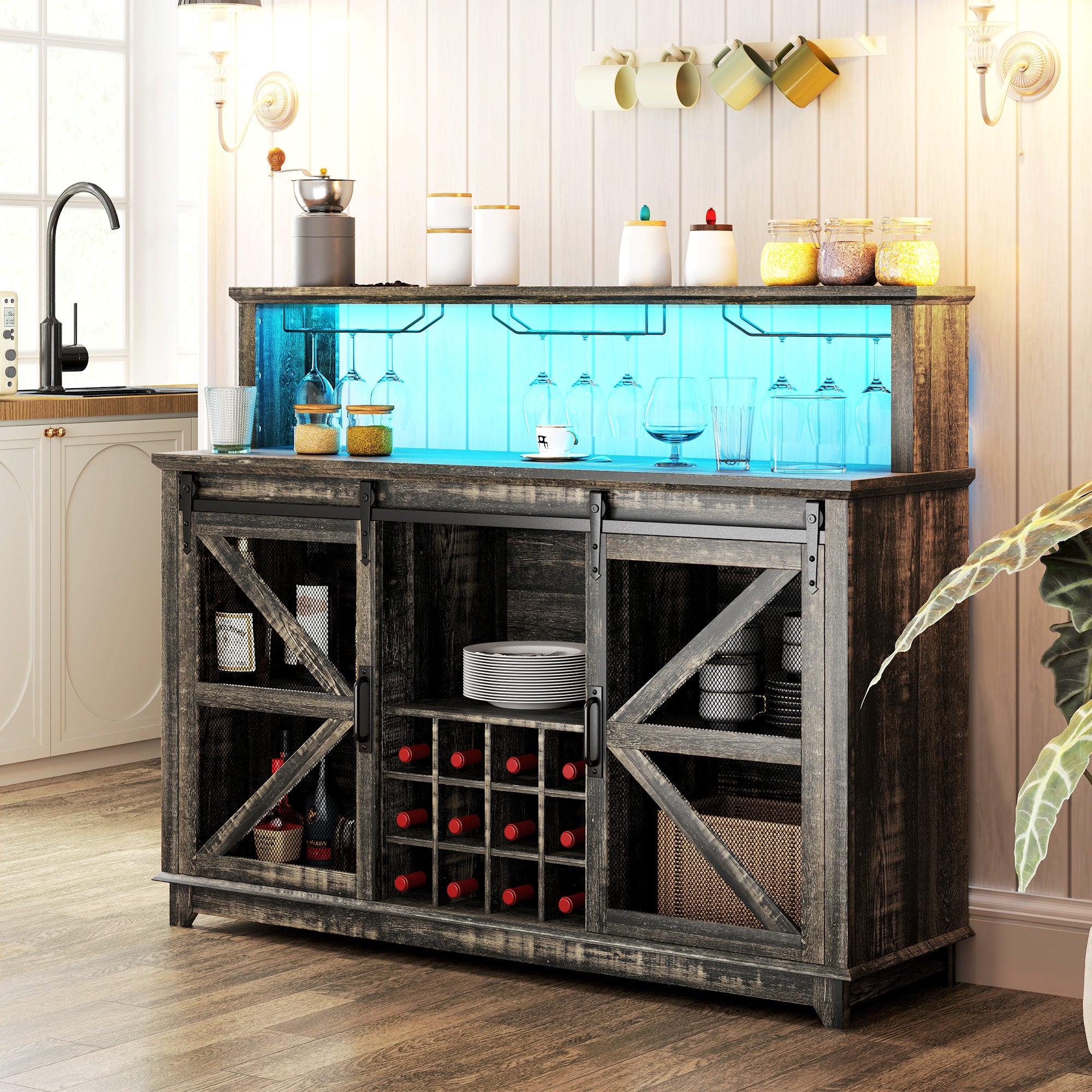YITAHOME 55" Home Bar Cabinet With LED Lights - Liquor & Coffee Storage With Adjustable Shelves