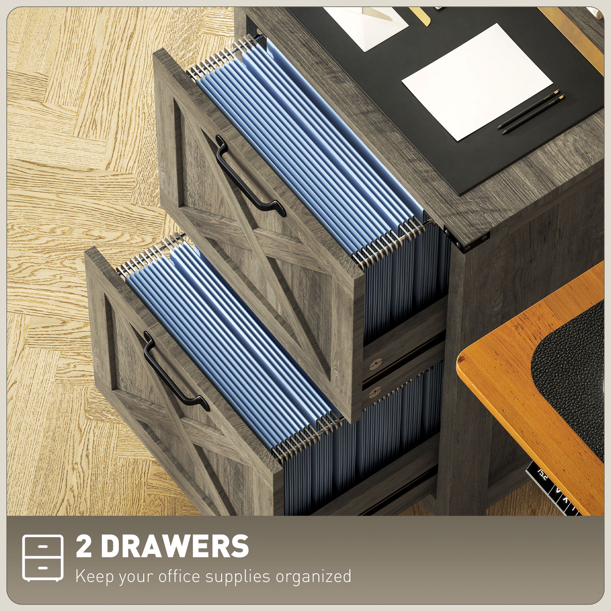 2 Drawer Vertical File Cabinet with Silent Slides, Rustic Farmhouse Filing Cabinet with Barn Doors for A4/Letter Size, Printer Stand with Storage for Home Office, Distressed Gray