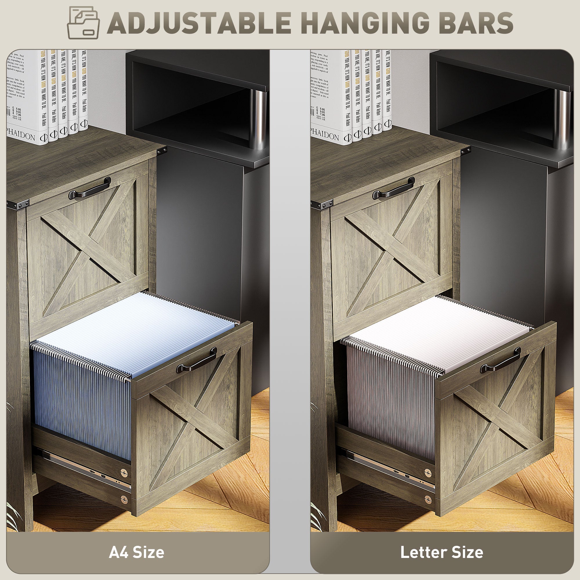 2 Drawer Vertical File Cabinet with Silent Slides, Rustic Farmhouse Filing Cabinet with Barn Doors for A4/Letter Size, Printer Stand with Storage for Home Office, Distressed Gray