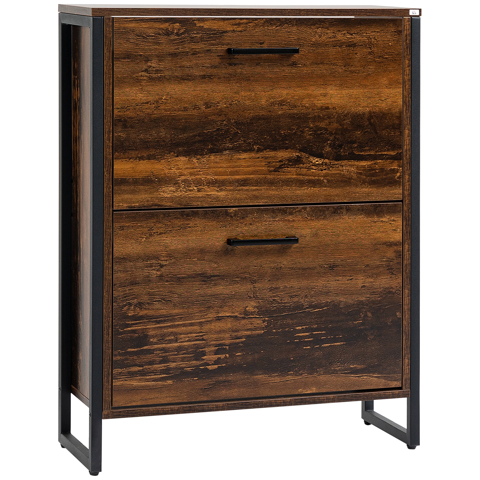 HOMCOM Industrial Shoe Cabinet with 2 Flip Drawers, Narrow Shoe Storage Cabinet for 12 Pairs, Freestanding Slim Shoe Rack for Entryway, Hallway, Rustic Brown