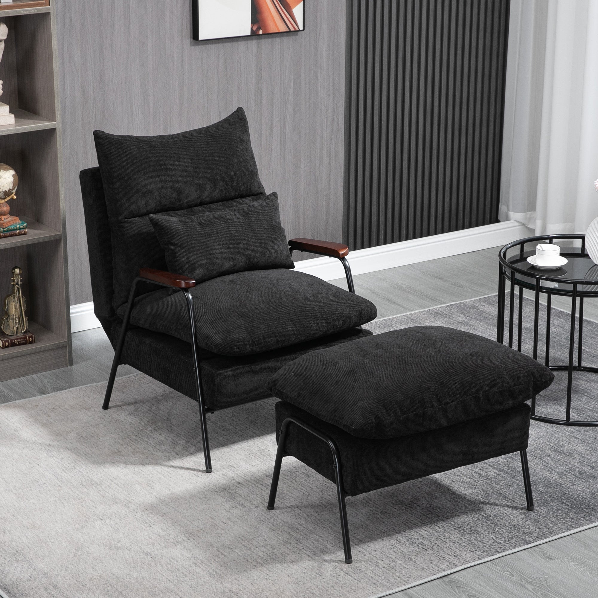 Accent Chair with Ottoman Reclining Comfy Chair with Adjustable Backrest and Steel Frame Black