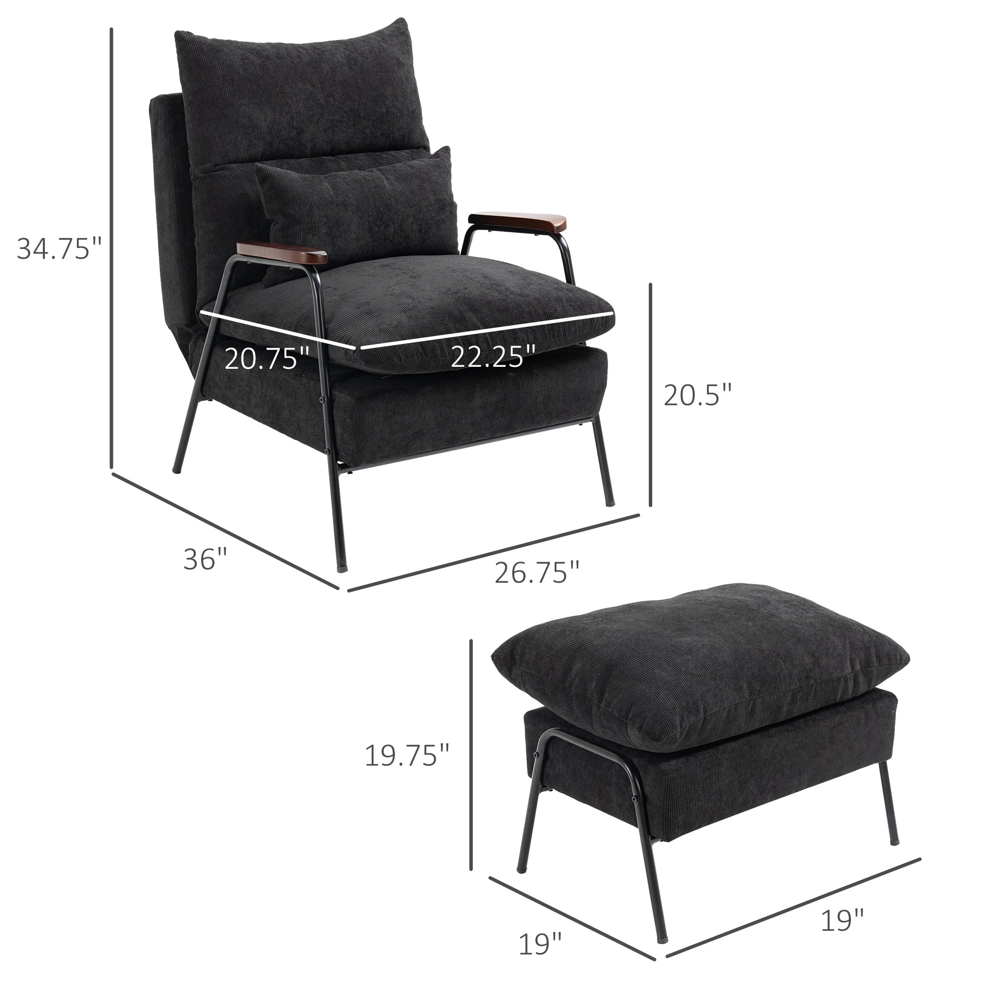 Accent Chair with Ottoman Reclining Comfy Chair with Adjustable Backrest and Steel Frame Black