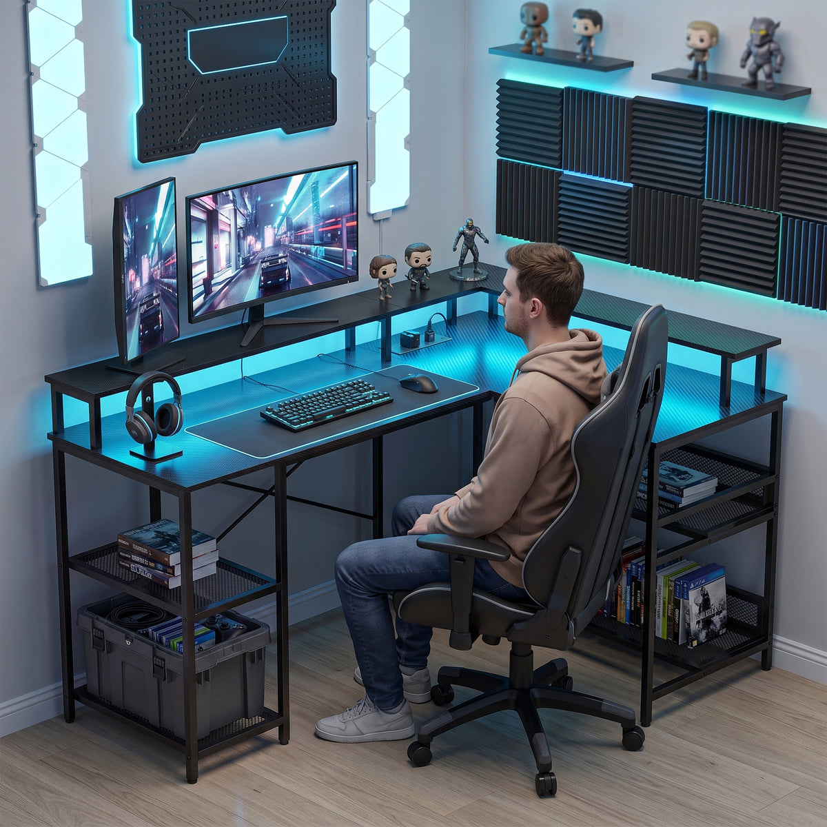 L Shaped Gaming Desk with LED Lights and Power Outlets, 150cm Corner Computer Desk with Monitor Stand and Storage Shelves, Home Office Desk for Small Space, Black Gaming Texture