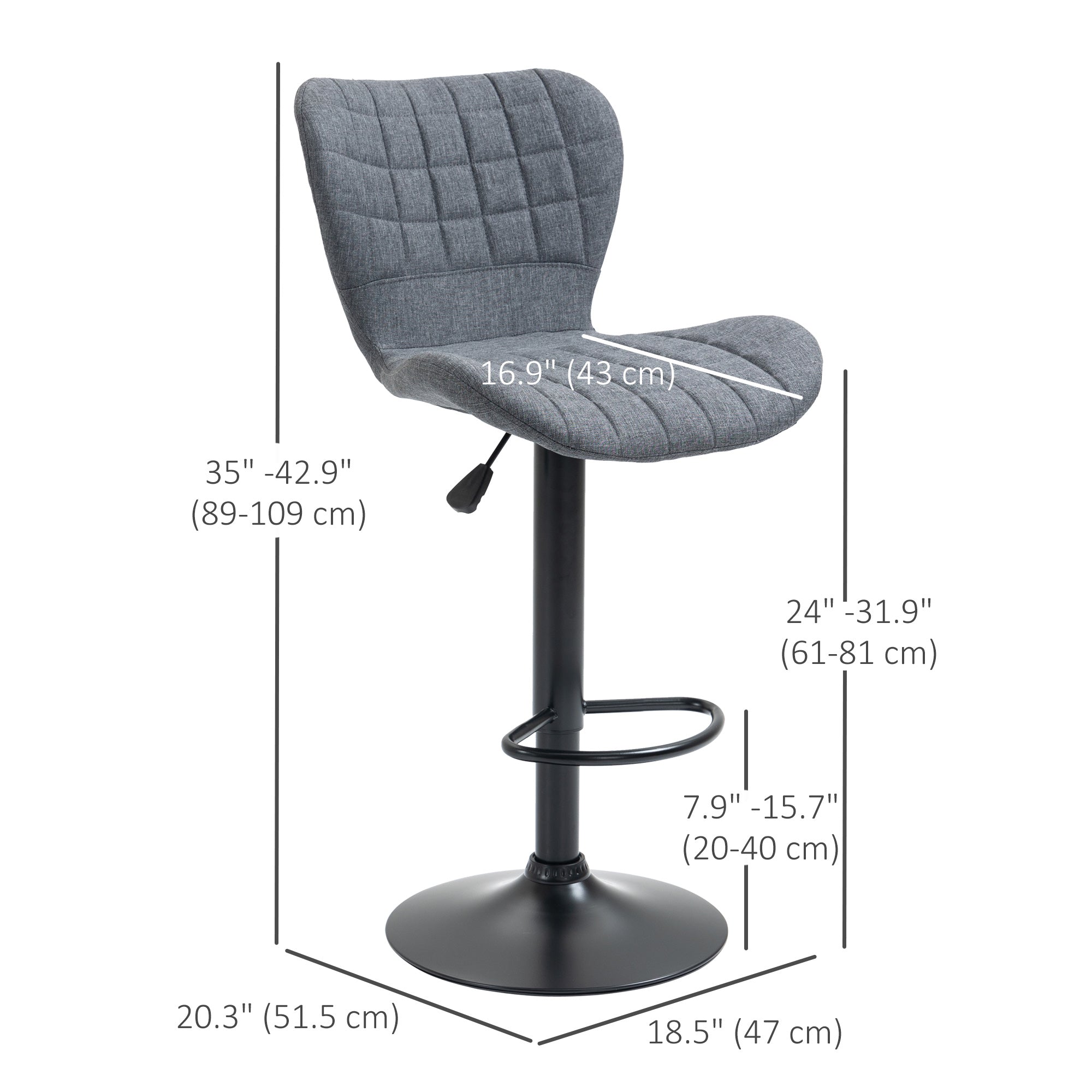 HOMCOM Bar Stools Set of 2, Adjustable Height Swivel Bar Chairs, Linen-feel Fabric Upholstered Kitchen Counter Stools with Wide Seat, Back and Footrest, Grey