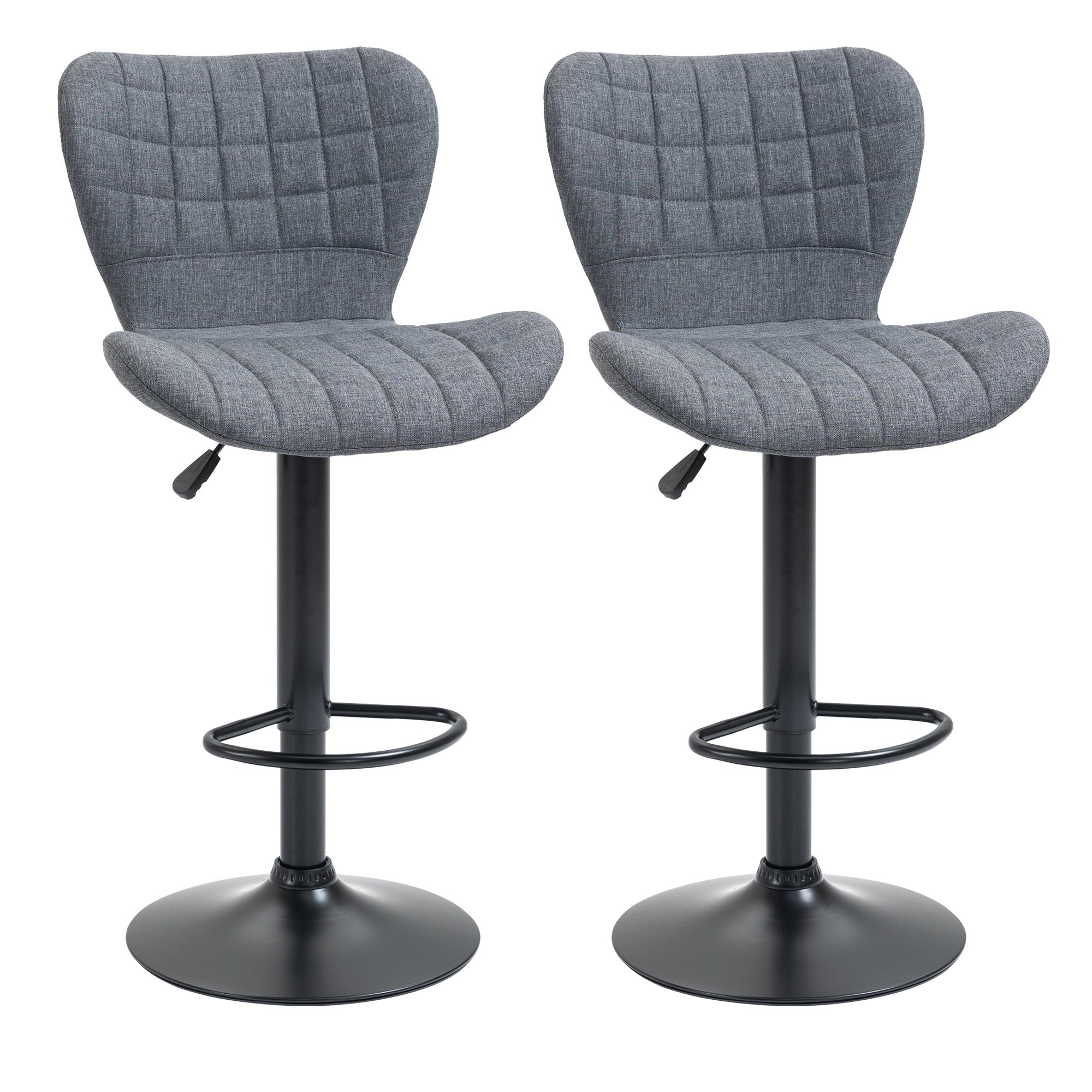 HOMCOM Bar Stools Set of 2, Adjustable Height Swivel Bar Chairs, Linen-feel Fabric Upholstered Kitchen Counter Stools with Wide Seat, Back and Footrest, Grey