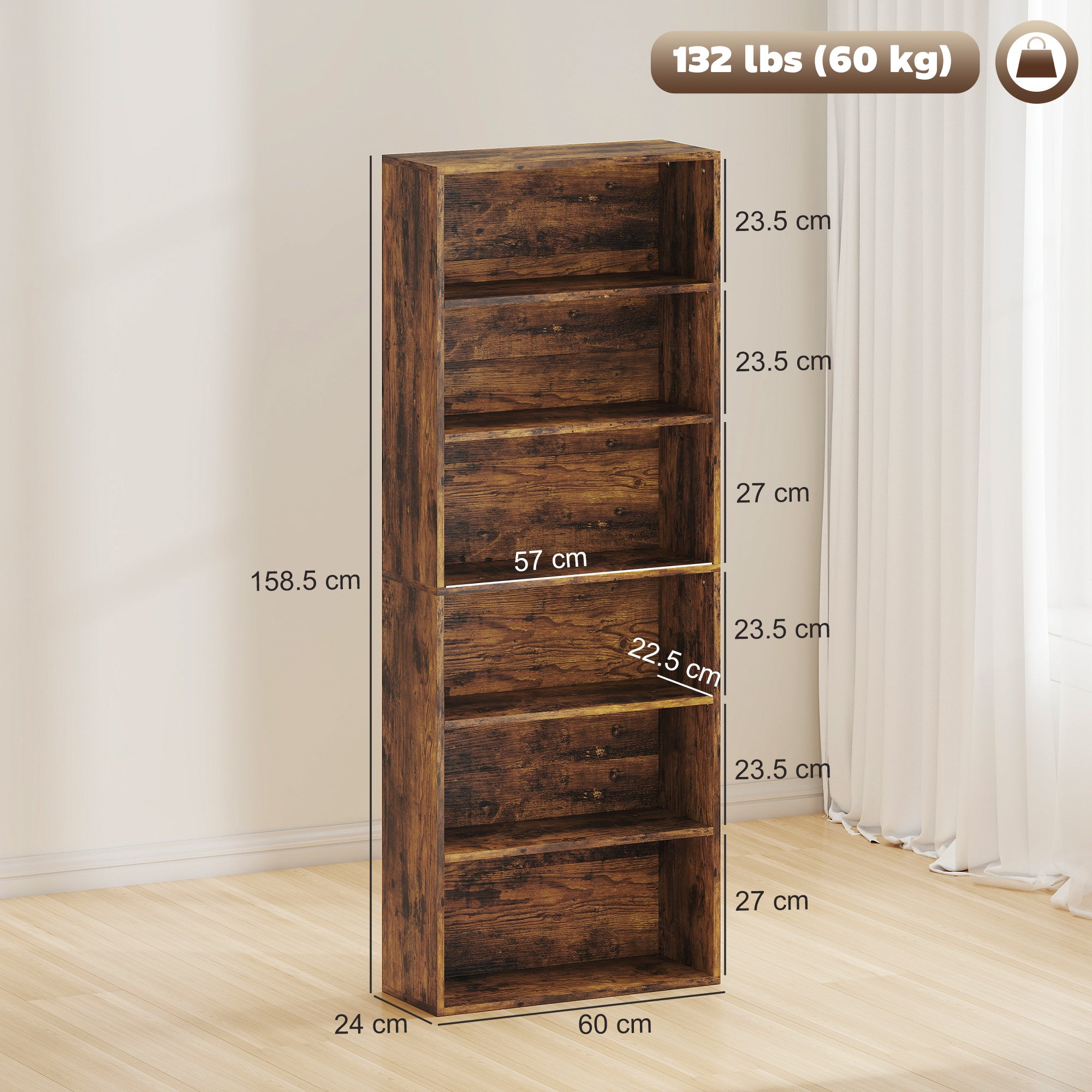 6 Tier Bookshelf, Freestanding Bookcase with Adjustable Shelves, Display Storage Unit for Living Room, Bedroom, Study, 60 x 24 x 158.5 cm, Rustic Brown
