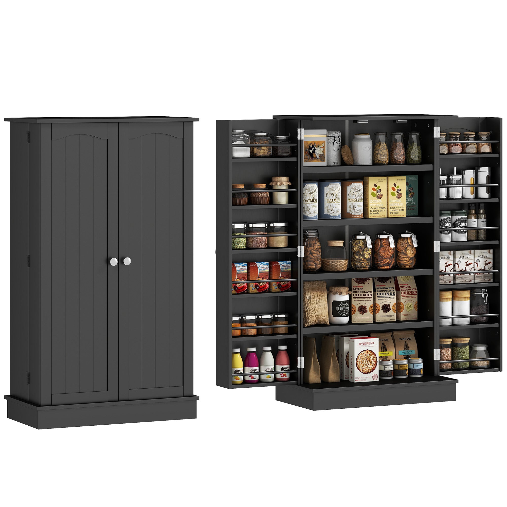 41" Kitchen Pantry Cabinet, 2-Door Buffet Storage Cabinet with 12 Spice Racks and Adjustable Shelves, Black