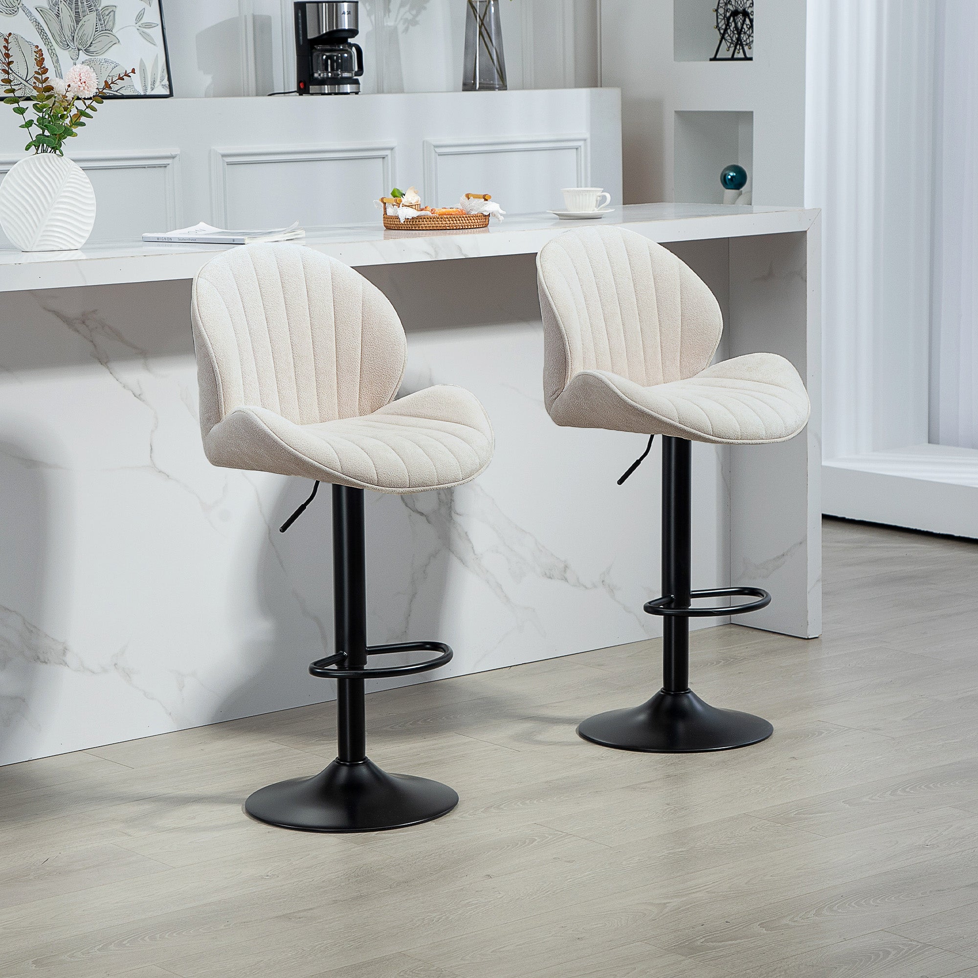 Bar Stools Set of 2, Swivel Counter Height Barstools with Back, Adjustable Height and Footrest, Chenille Upholstered Modern Bar Chairs for Kitchen Island, Dining Room, Beige