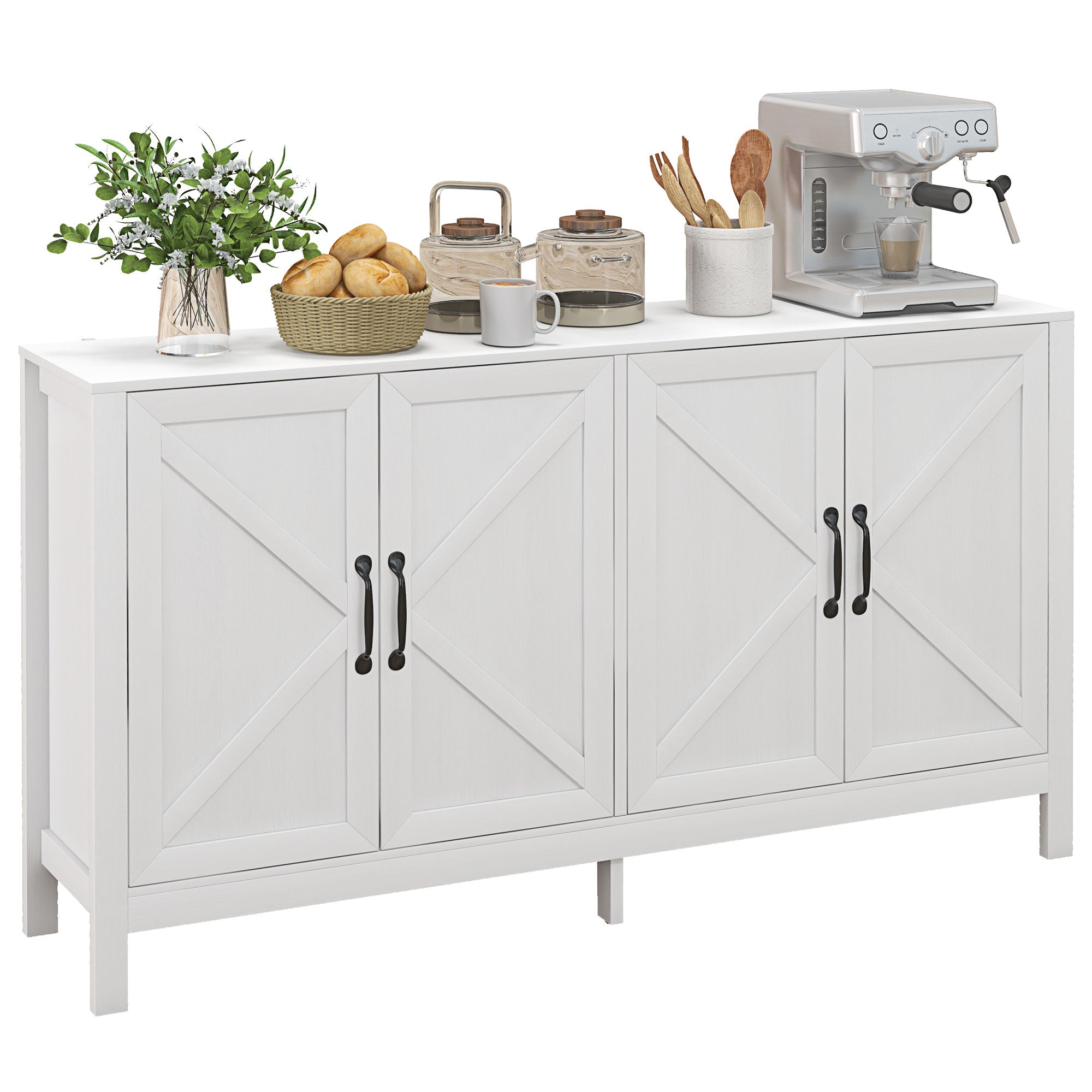 HOMCOM Kitchen Storage Cabinet, Sideboard Buffet Cabinet with 4 Barn Doors and Adjustable Shelves, White