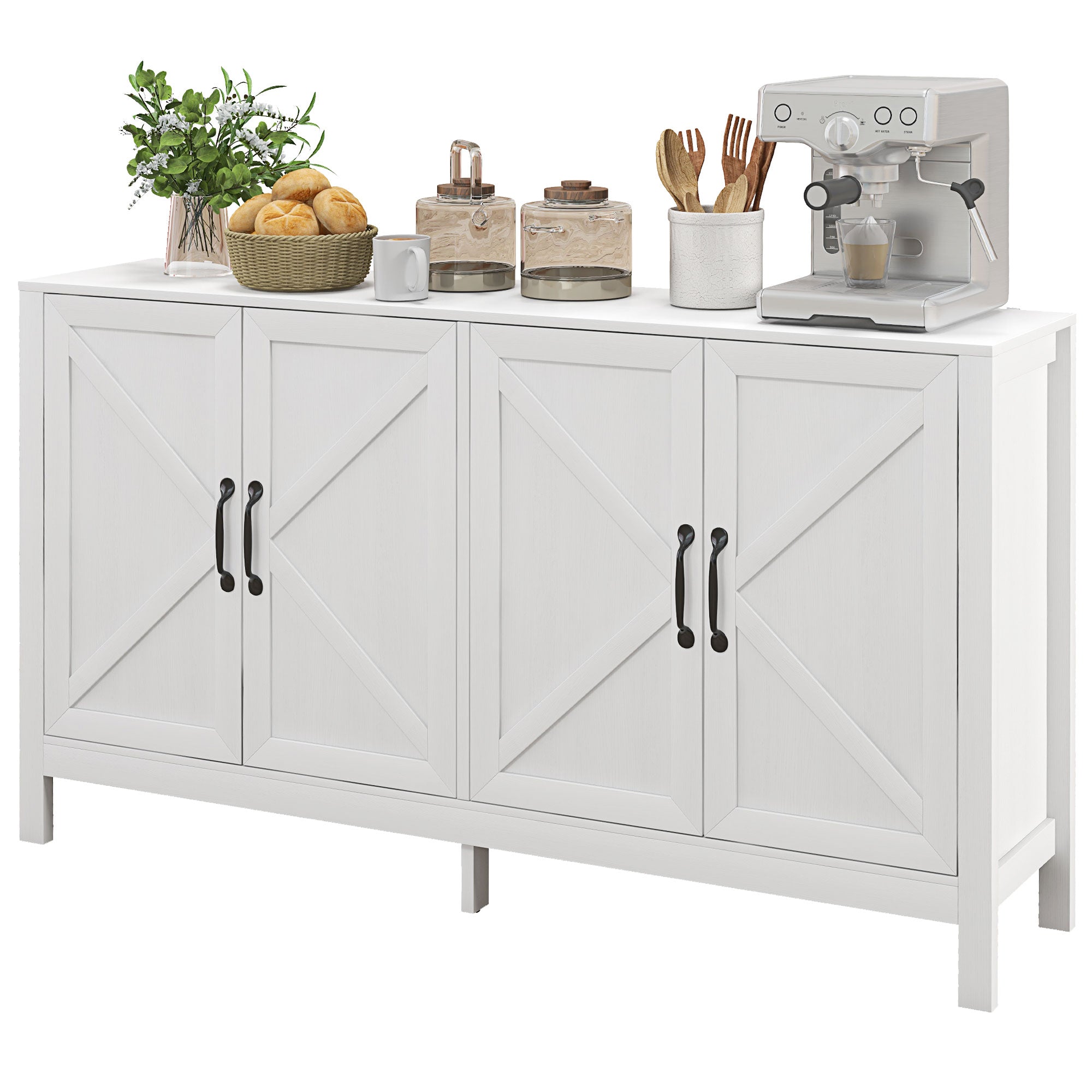 HOMCOM Kitchen Storage Cabinet, Sideboard Buffet Cabinet with 4 Barn Doors and Adjustable Shelves, White