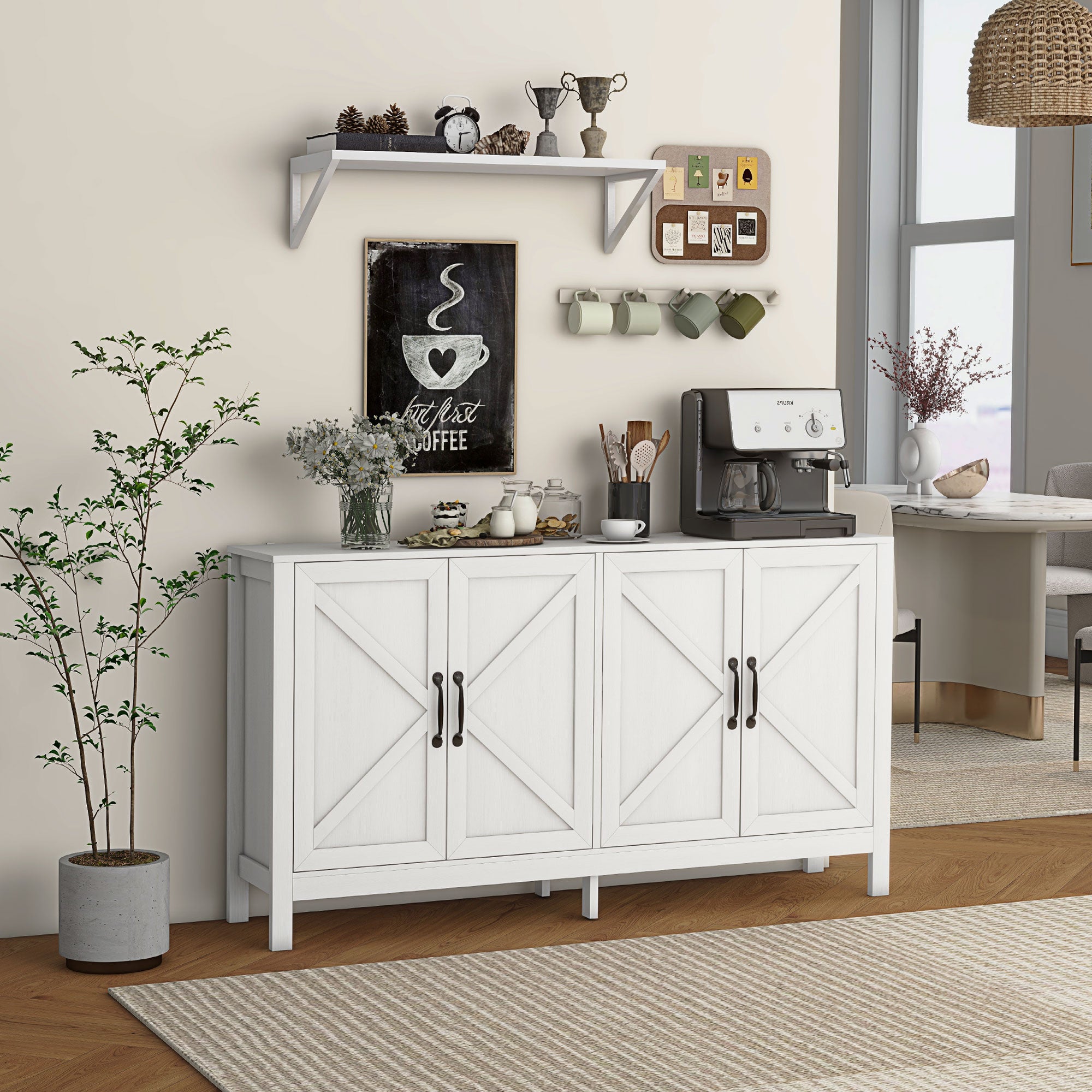 HOMCOM Kitchen Storage Cabinet, Sideboard Buffet Cabinet with 4 Barn Doors and Adjustable Shelves, White