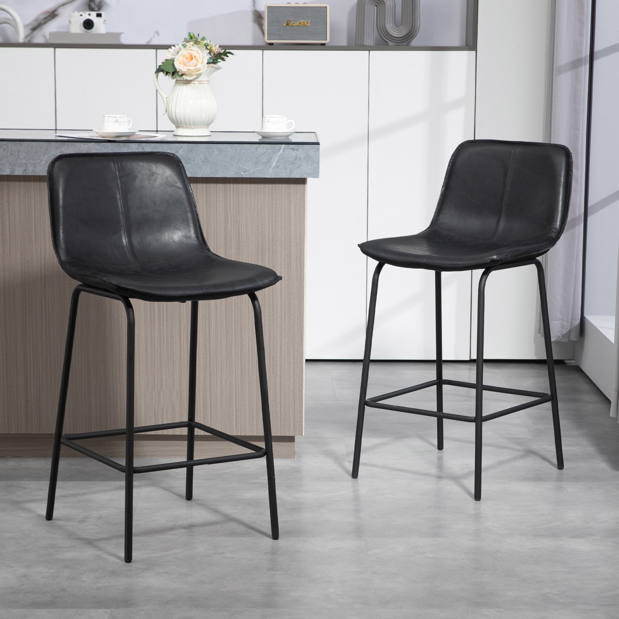 HOMCOM Bar Stools Set of 2, Upholstered Counter Height Bar Chairs, 26" (66 cm) Kitchen Stools with Steel Legs for Dining Area, Kitchen Aisle, Black