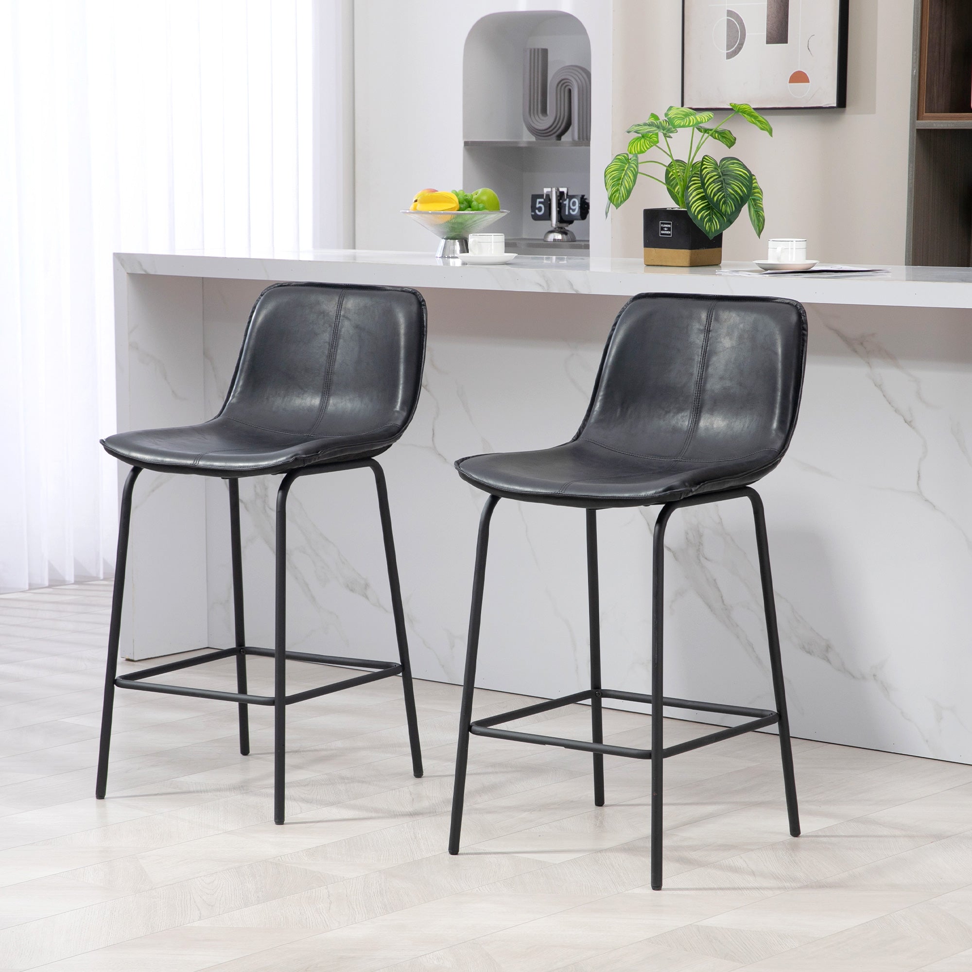 HOMCOM Bar Stools Set of 2, Upholstered Counter Height Bar Chairs, 26" (66 cm) Kitchen Stools with Steel Legs for Dining Area, Kitchen Aisle, Black