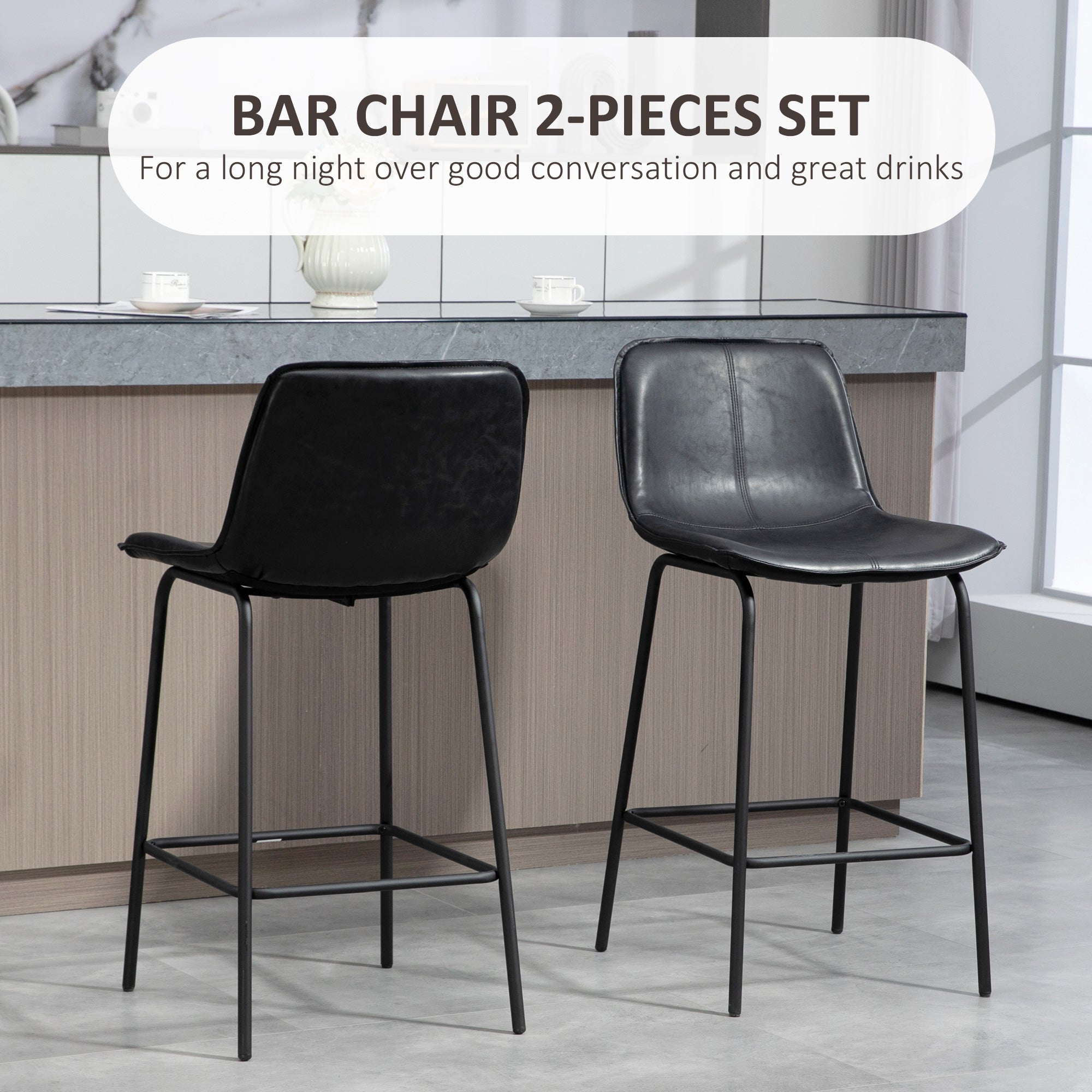 HOMCOM Bar Stools Set of 2, Upholstered Counter Height Bar Chairs, 26" (66 cm) Kitchen Stools with Steel Legs for Dining Area, Kitchen Aisle, Black