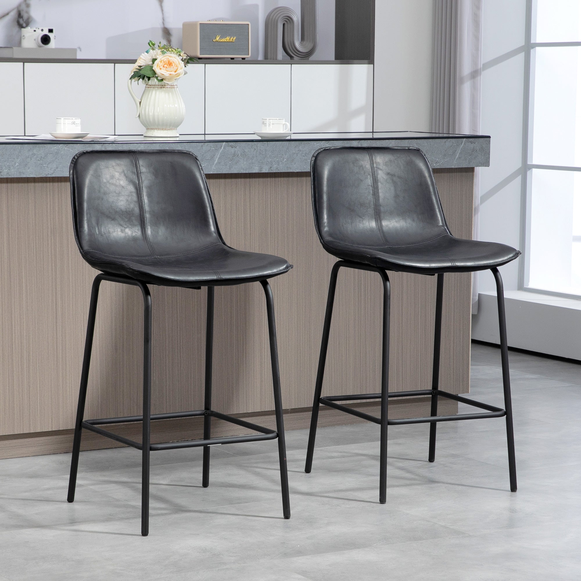 HOMCOM Bar Stools Set of 2, Upholstered Counter Height Bar Chairs, 26" (66 cm) Kitchen Stools with Steel Legs for Dining Area, Kitchen Aisle, Black