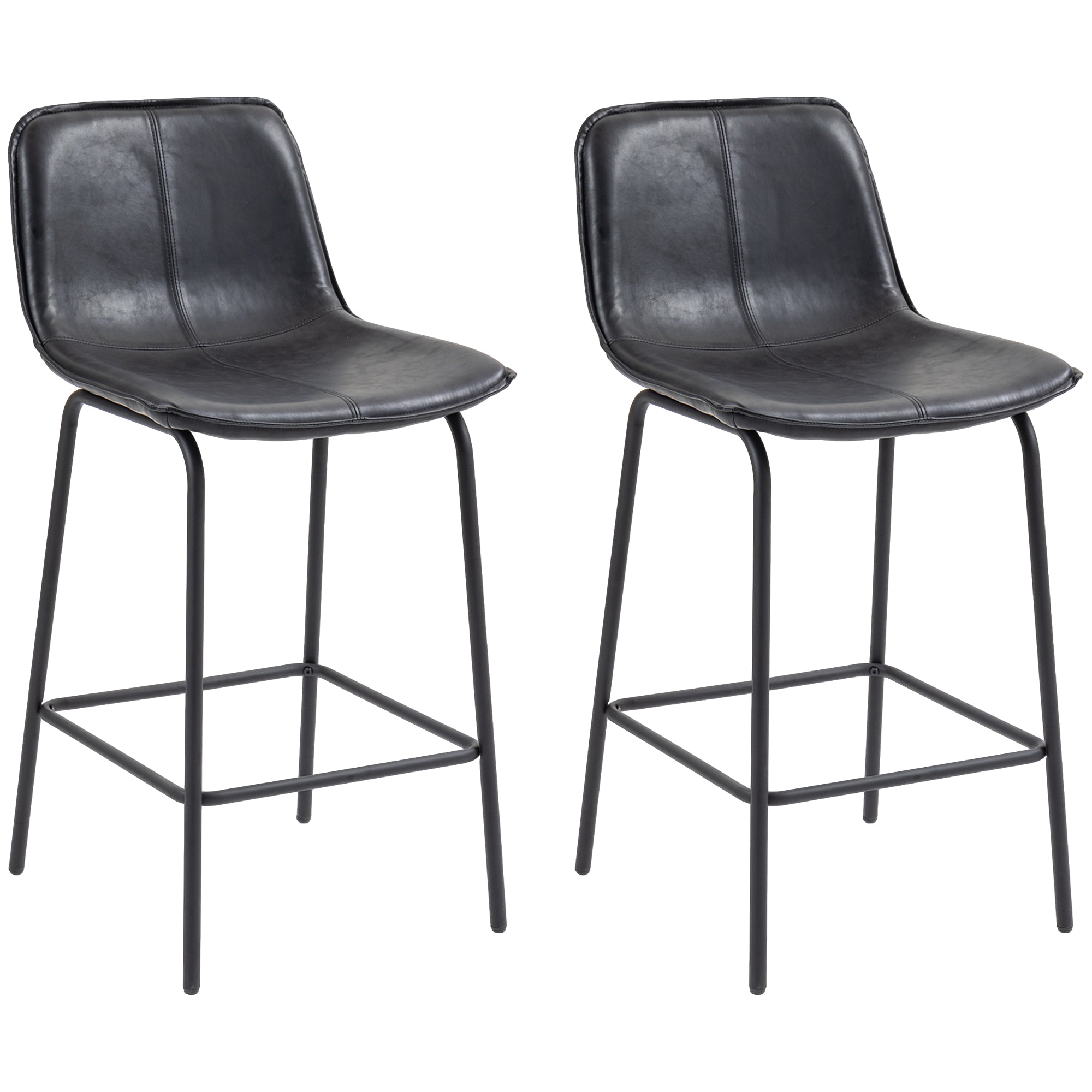 HOMCOM Bar Stools Set of 2, Upholstered Counter Height Bar Chairs, 26" (66 cm) Kitchen Stools with Steel Legs for Dining Area, Kitchen Aisle, Black