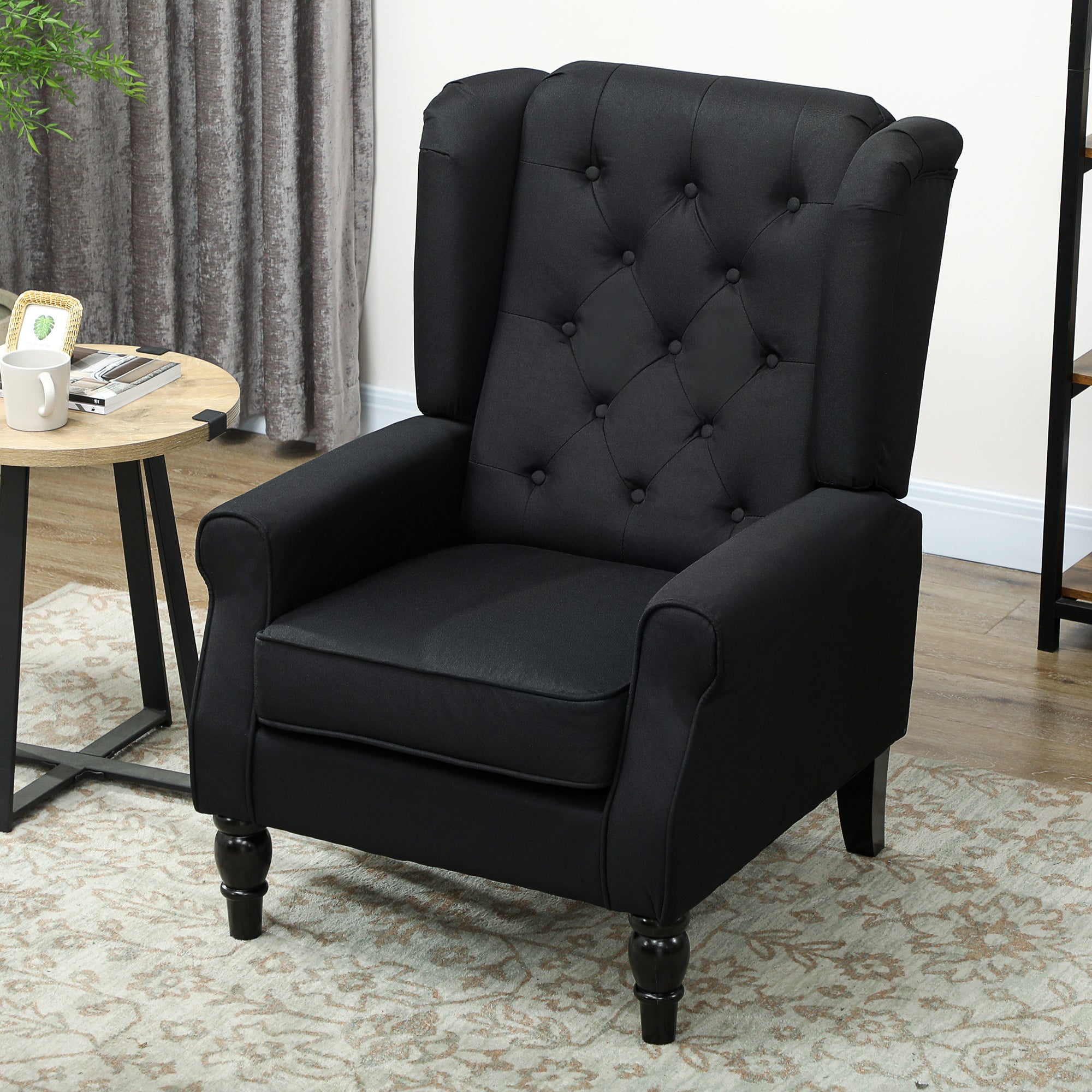 Retro Accent Chair, Linen Wingback Armchair with Wood Frame Button Tufted Design for Living Room Bedroom, Black