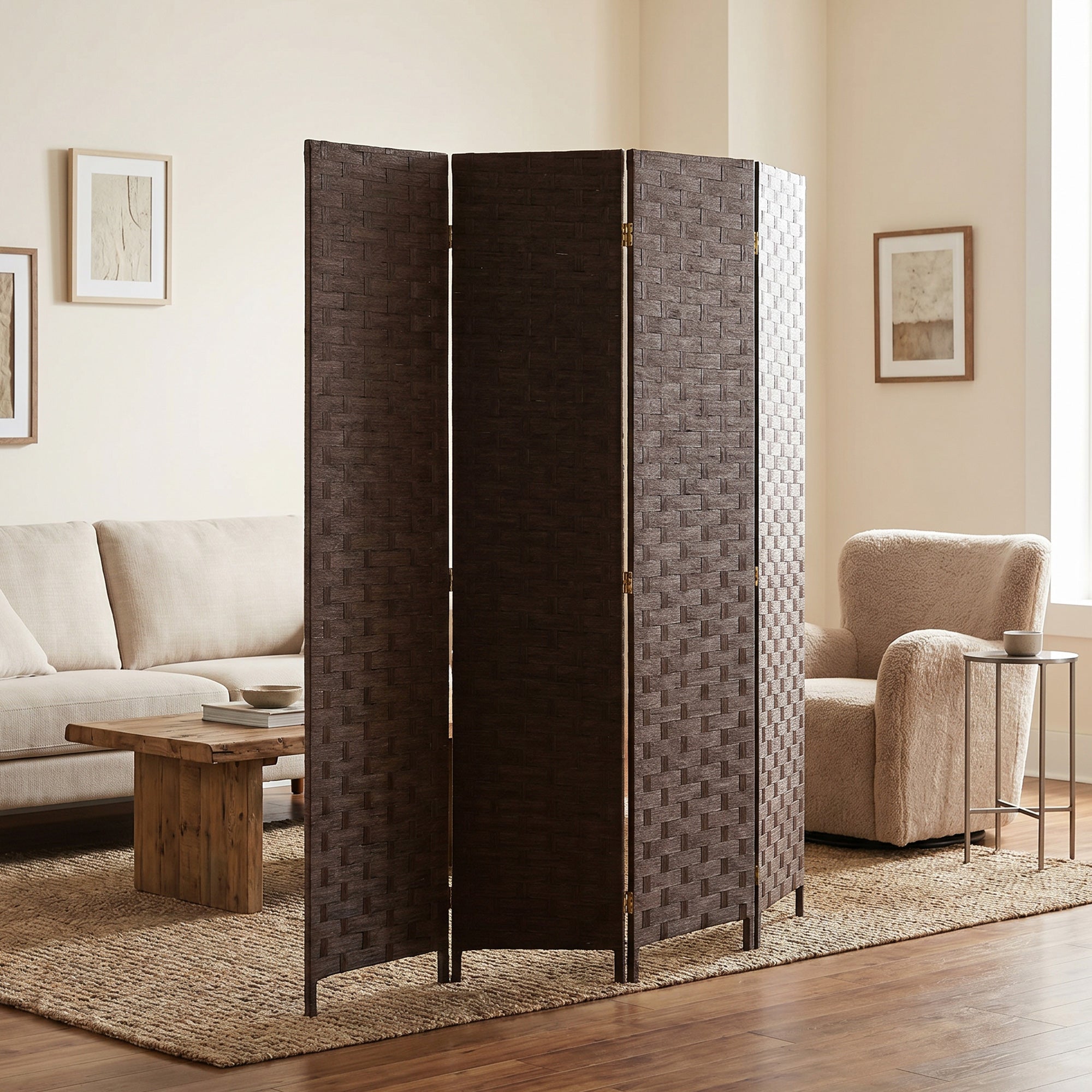 4-Panel Room Dividers, Wave Fibre Freestanding Folding Privacy Screen Panels, Partition Wall Divider for Indoor Bedroom Office, 170 cm, Dark Brown