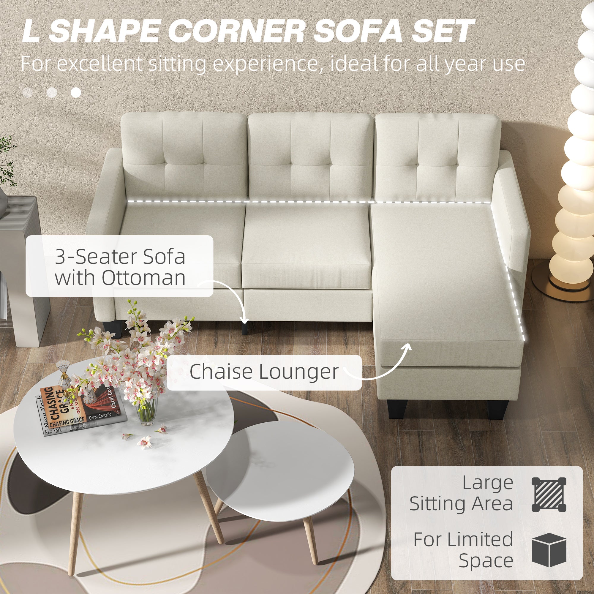 HOMCOM Modular Sectional Couch with Changeable Chaise, 3 Seater Corner Sofa with Ottoman, Fabric L Shape Sofa with Thick Padded Cushion for Living Room, Office, Beige