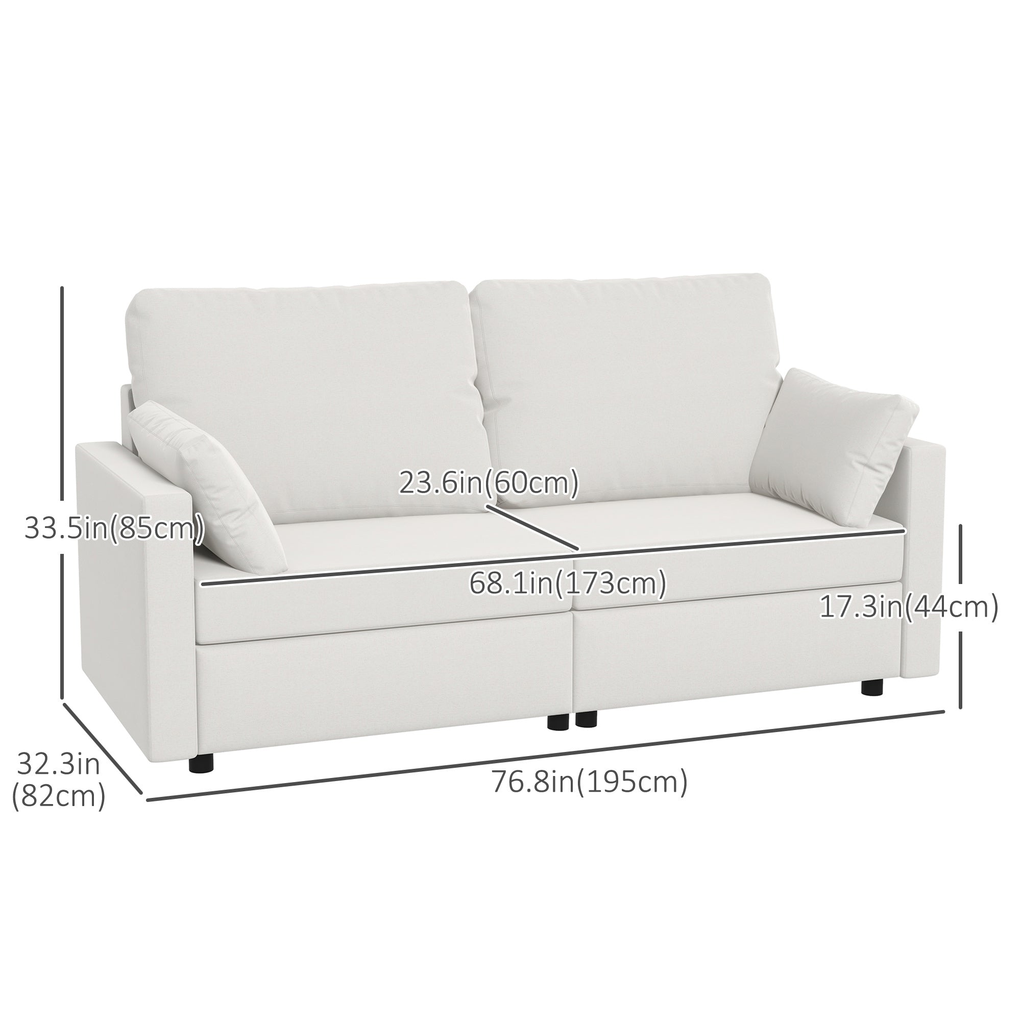 HOMCOM Modern 3 Seater Sofa, 77" Upholstered Couch with 2 Throw Cushions for Bedroom, Living Room, Cream White