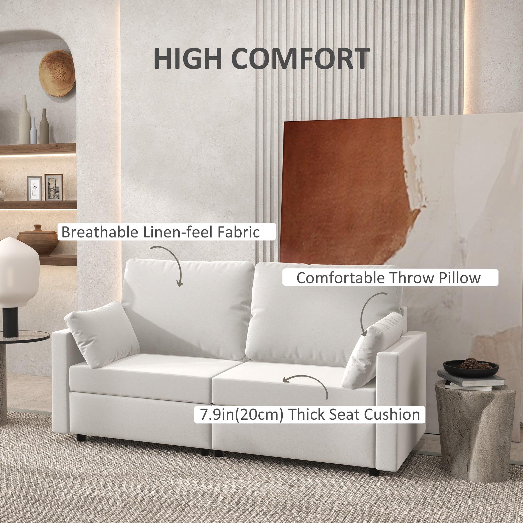 HOMCOM Modern 3 Seater Sofa, 77" Upholstered Couch with 2 Throw Cushions for Bedroom, Living Room, Cream White