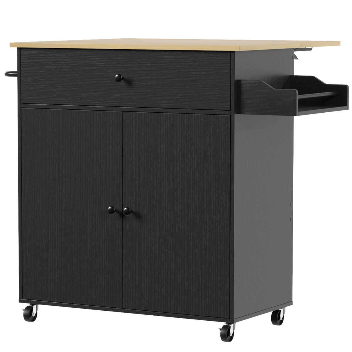 Kitchen Island with Drop Leaf, Rolling Kitchen Storage Trolley on Wheels with Drawer, Spice Rack and Towel Rack, Storage Cart with Adjustable Shelf, Black