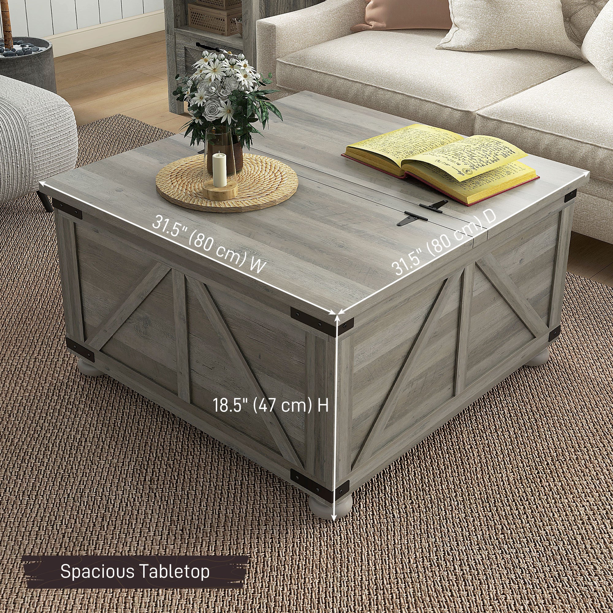 HOMCOM Farmhouse Coffee Table, Square Center Table with Flip-top Lids, Hidden Storage Compartment and Wooden Legs for Living Room, Distressed Grey