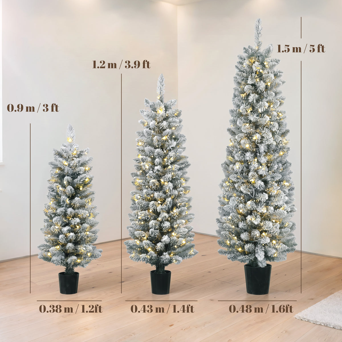 Prelit Snowy Flocked Artificial Christmas Tree Set of 3, Slim Xmas Tree with PVC Tips, Warm White LED Lights, 8 Modes, Space Saving Pencil Xmas Decoration Tree 3FT+4FT+5FT