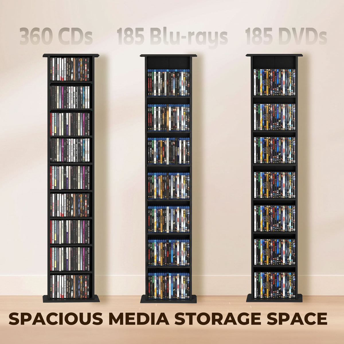 Slim Media Storage Cabinet, 9-Tier DVD Shelf with 7 Adjustable Shelves, 9 Compartments, Holds 252 CDs, 147 DVDs or 189 Blu-rays, Black