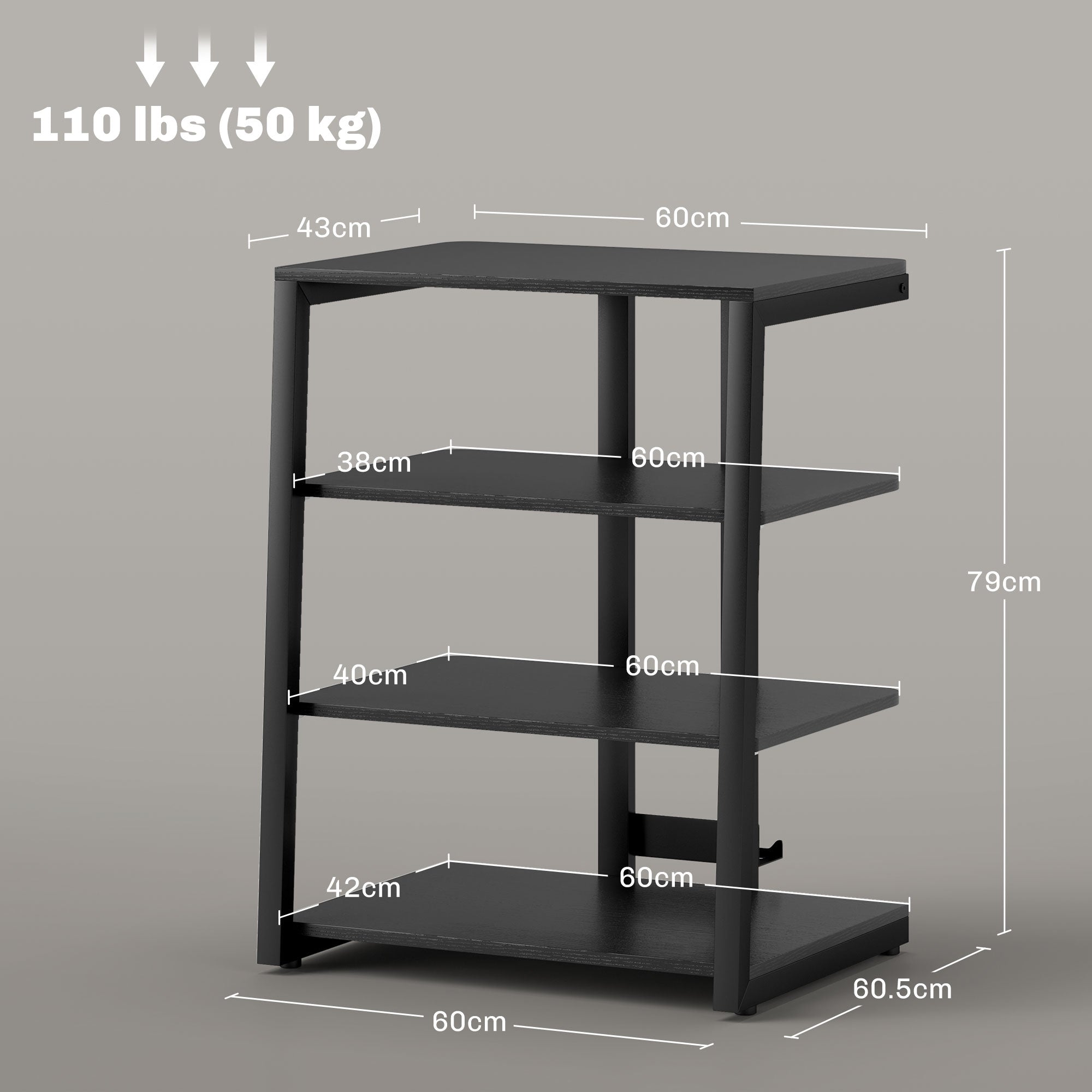 HOMCOM HiFi Stand, 4-Tier Media Storage Shelf with Adjustable Shelves, Power Strip Rack for Router, Record Player, Printer, Industrial TV Stand for up to 28 Inch TVs, Black