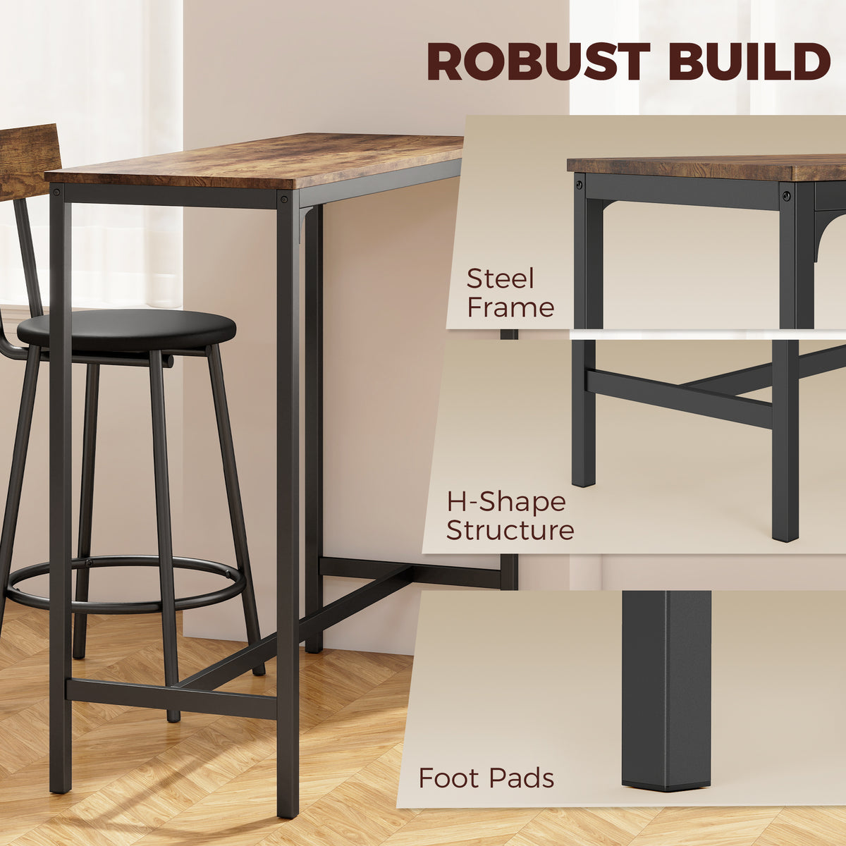 3 Piece Counter Height Bar Table Set, Kitchen Dining Table with 2 Upholstered Stools, Footrests, Space-Saving Pub Table & Chairs for Dining Room,  Living Room, Rustic Brown