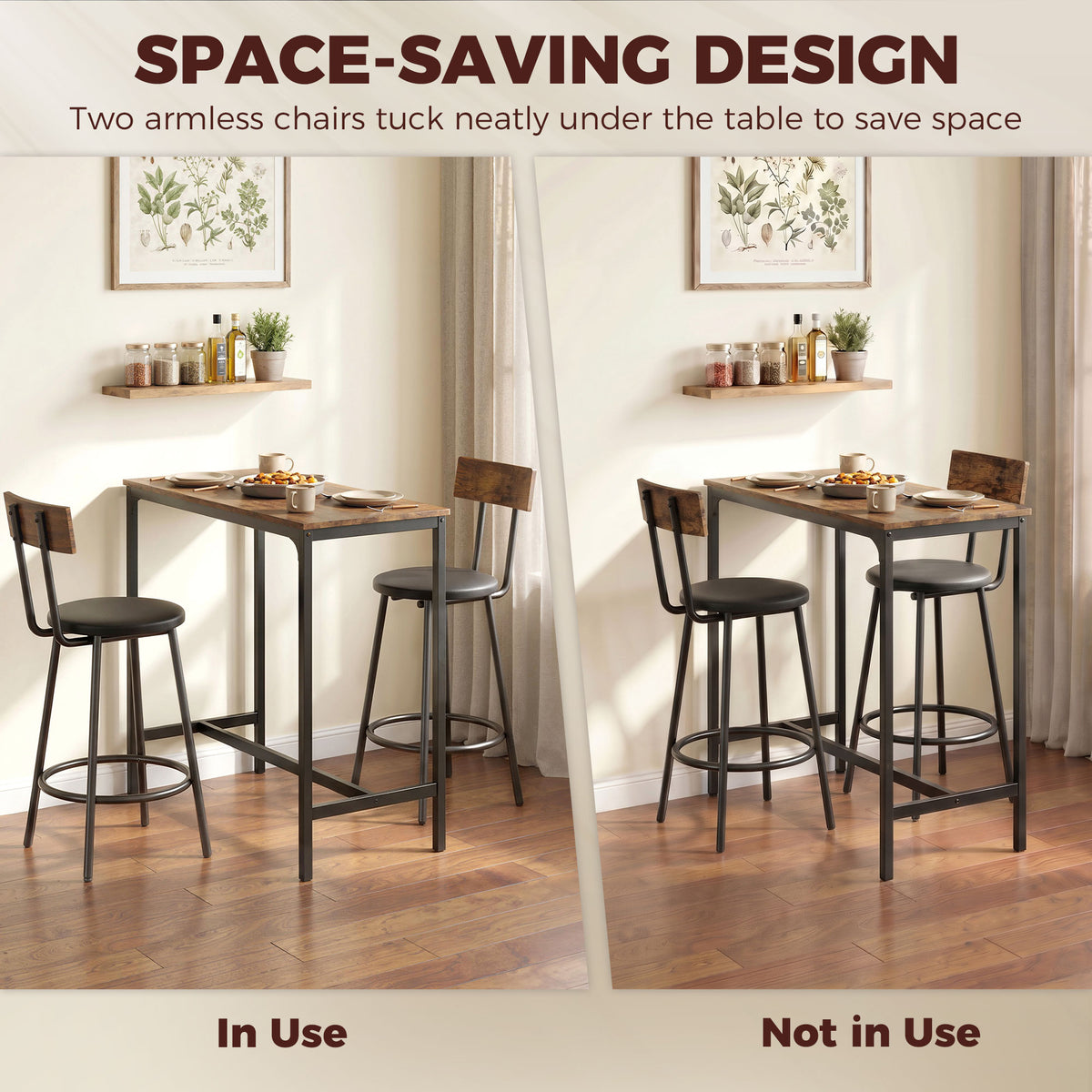 3 Piece Counter Height Bar Table Set, Kitchen Dining Table with 2 Upholstered Stools, Footrests, Space-Saving Pub Table & Chairs for Dining Room,  Living Room, Rustic Brown
