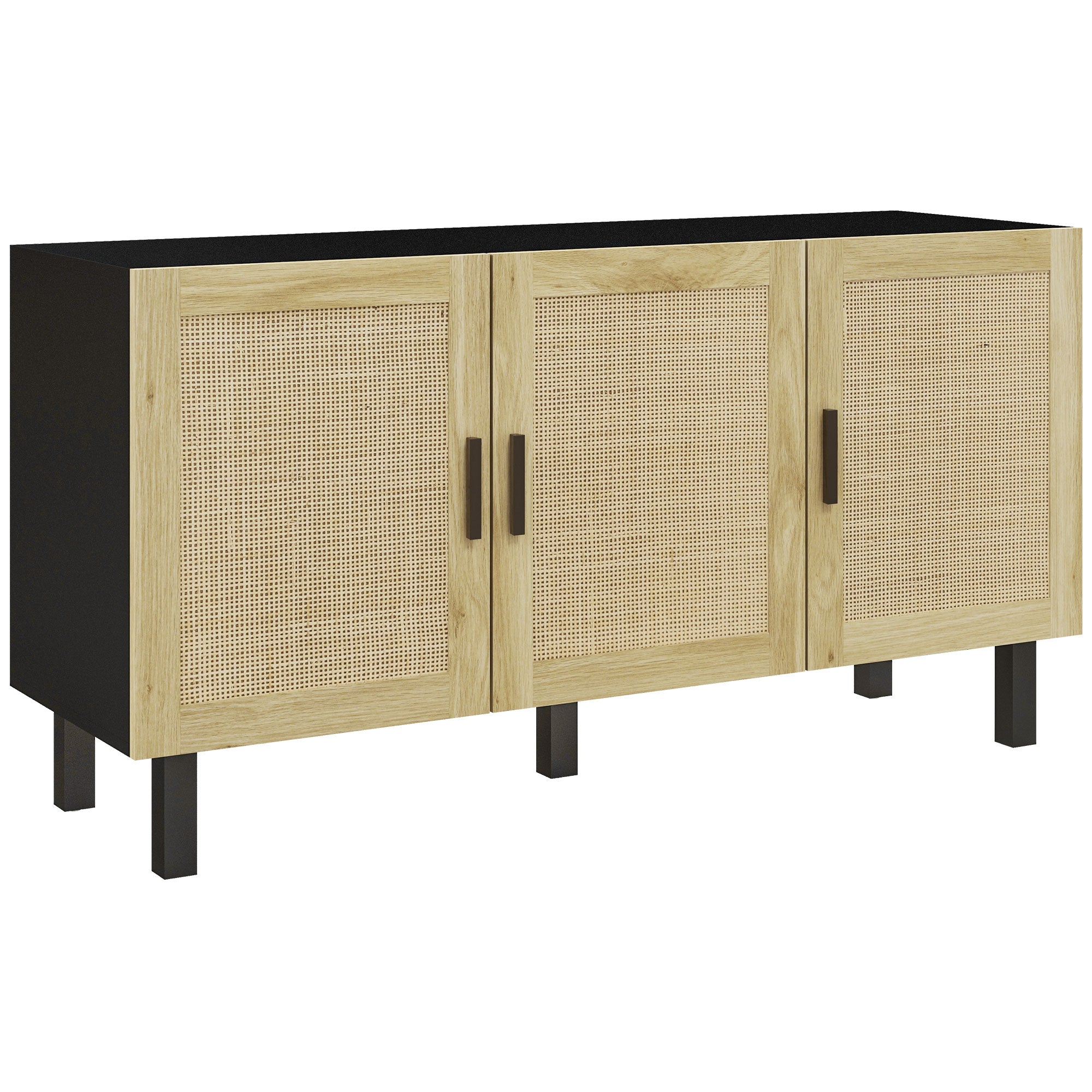 Boho Kitchen Cabinet, Buffet Cabinet with 3 Rattan Doors and Adjustable Shelves for Dining Room, Black and Natural