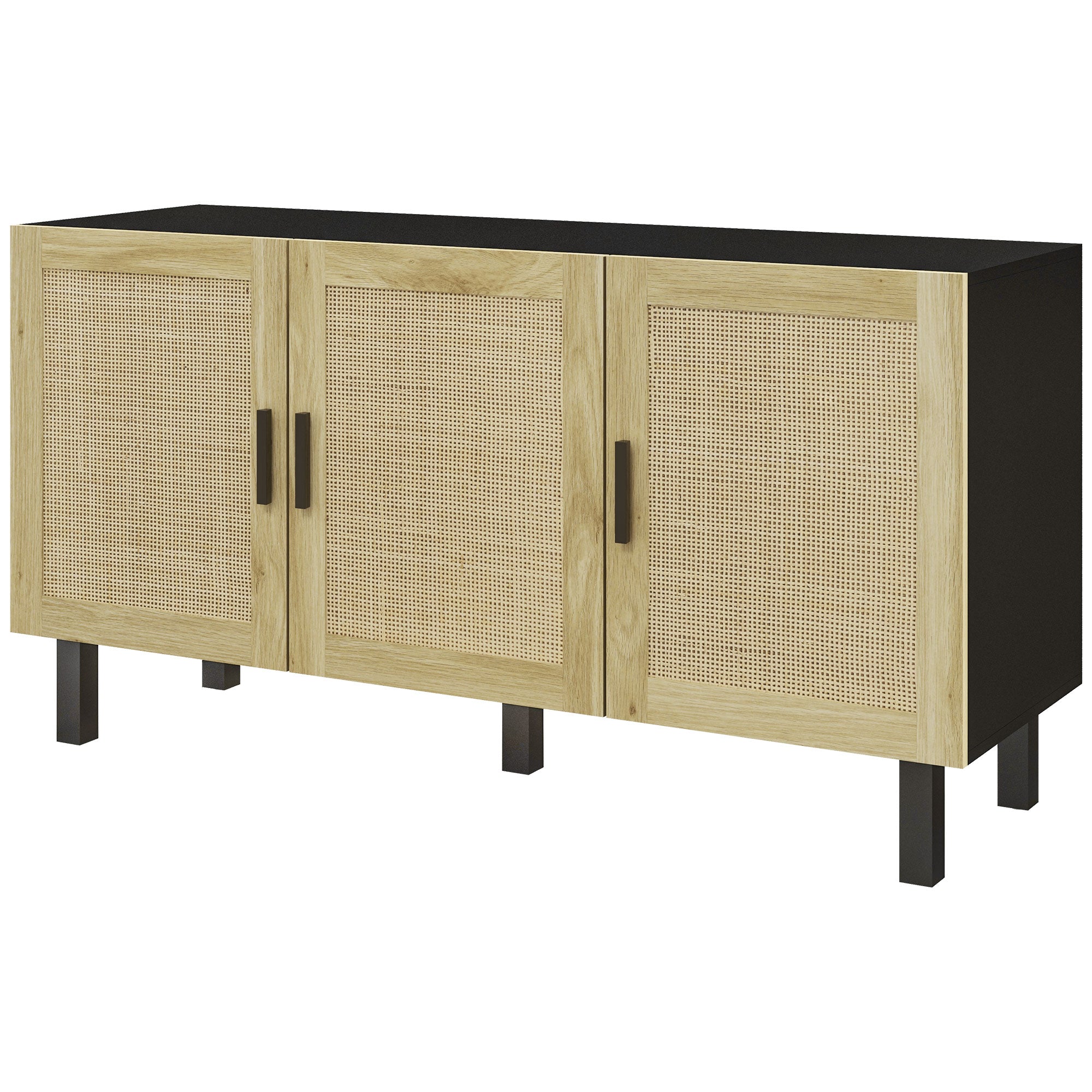 Boho Kitchen Cabinet, Buffet Cabinet with 3 Rattan Doors and Adjustable Shelves for Dining Room, Black and Natural