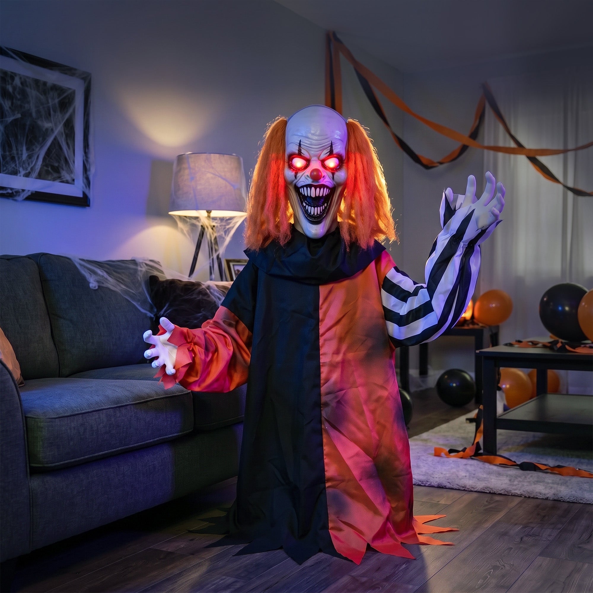 85cm Animated Halloween Face Changing Clown Animatronic, Half Body Standing Joker with Cackling Laughs and Sound, Glowing Eyes, Sound/Touch Activated, Holiday Decor for Indoor, Covered Outdoor