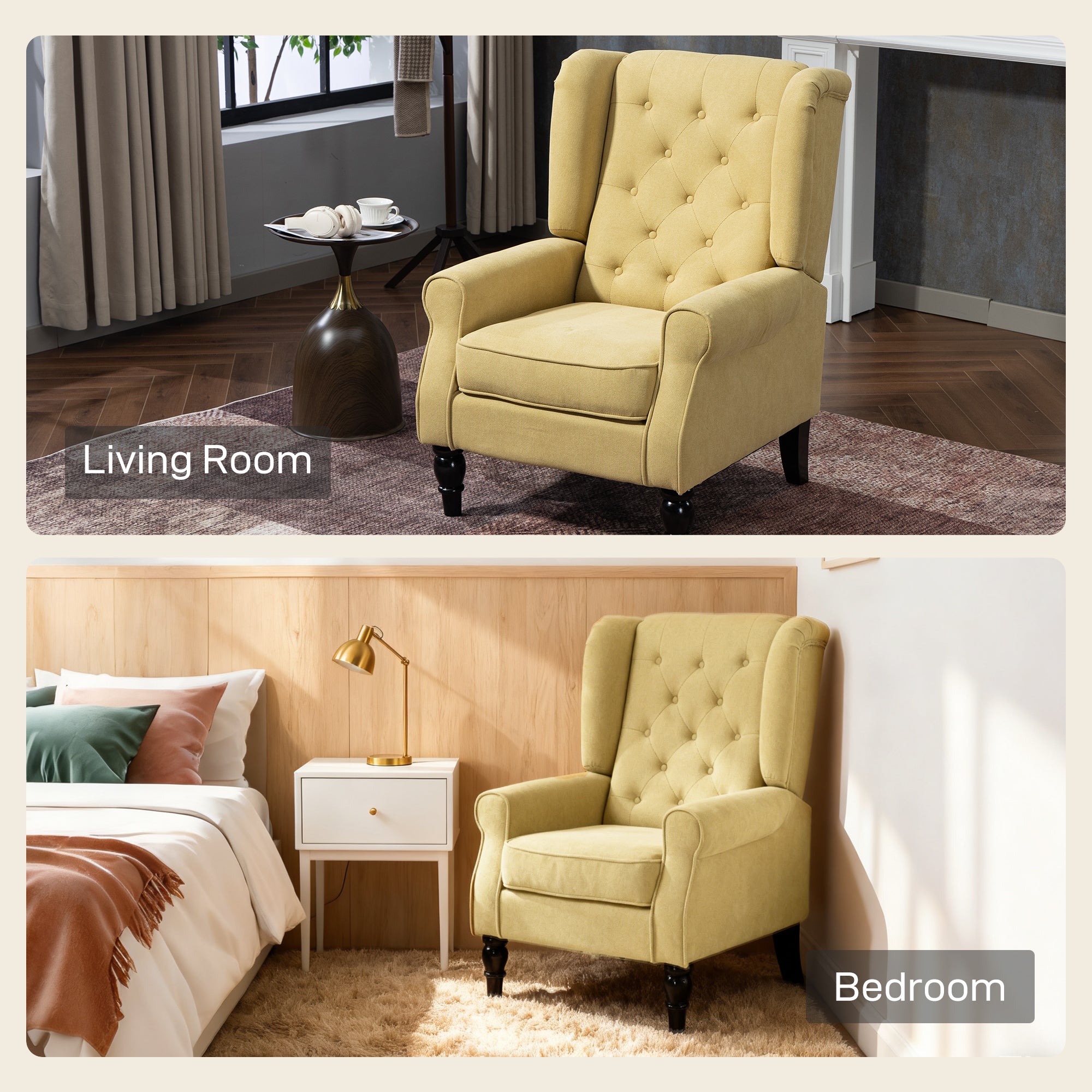 Retro Accent Chair, Snow Flannel Wingback Armchair with Wood Frame Button Tufted Design for Living Room Bedroom, Yellow