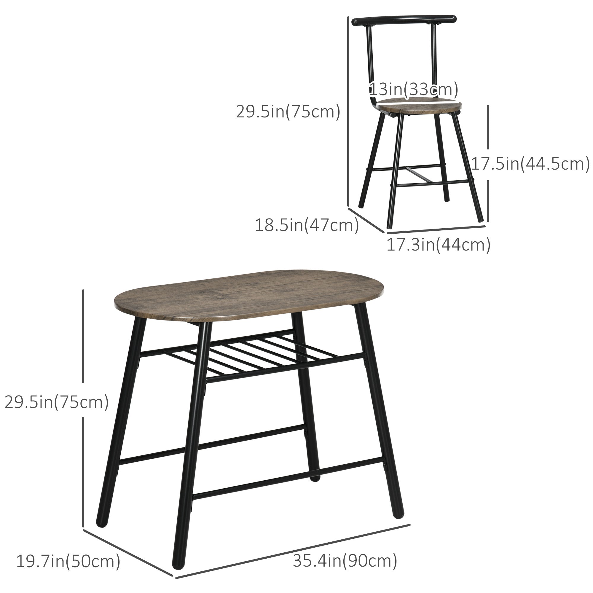 HOMCOM 3-Piece Dining Table Set, Oval Kitchen Table and 2 Chairs, Small Breakfast Table Set with Metal Frame, Built-in Wine Rack for Small Space, Dining Room, Living Room, 35.4" x 19.7" x 29.5"