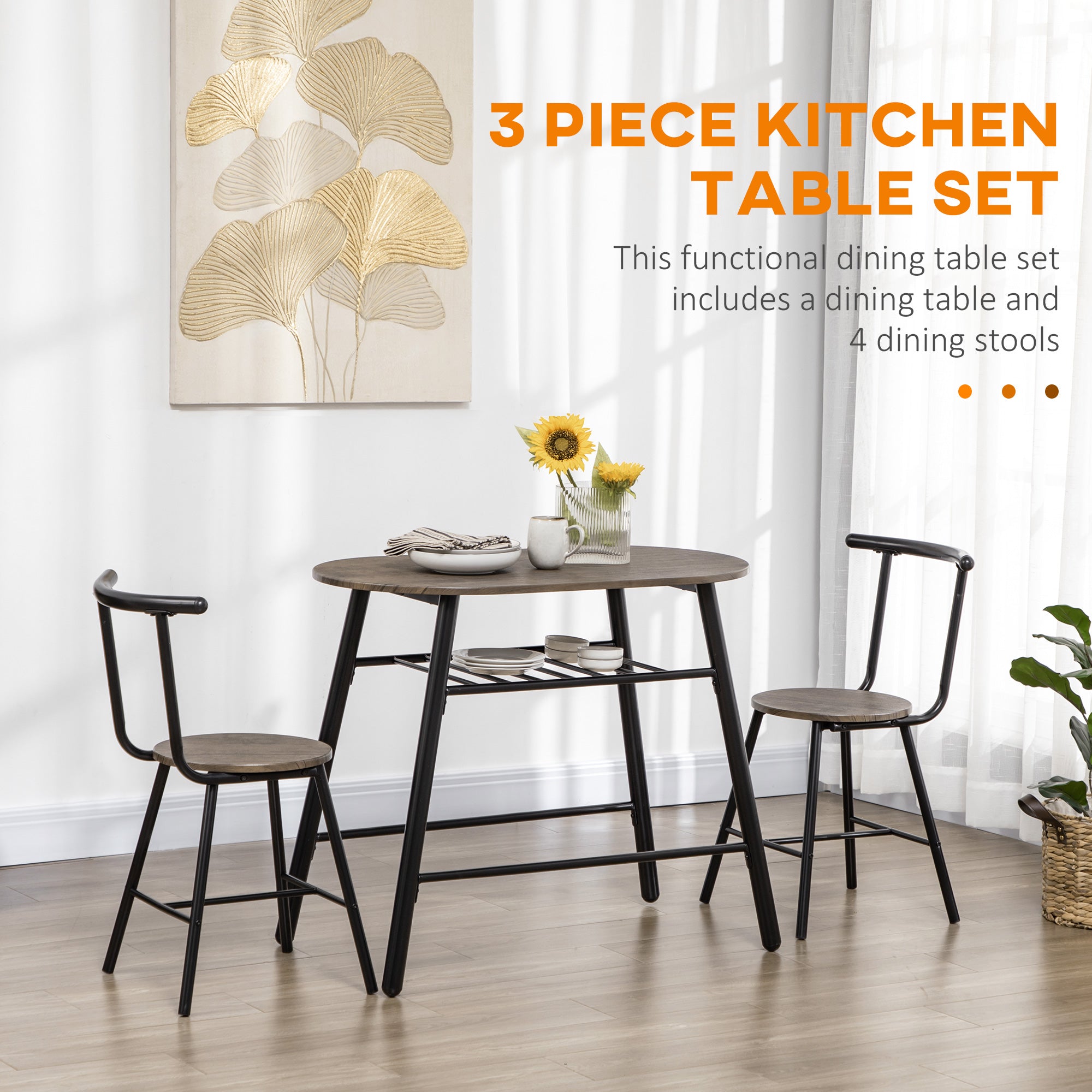 HOMCOM 3-Piece Dining Table Set, Oval Kitchen Table and 2 Chairs, Small Breakfast Table Set with Metal Frame, Built-in Wine Rack for Small Space, Dining Room, Living Room, 35.4" x 19.7" x 29.5"