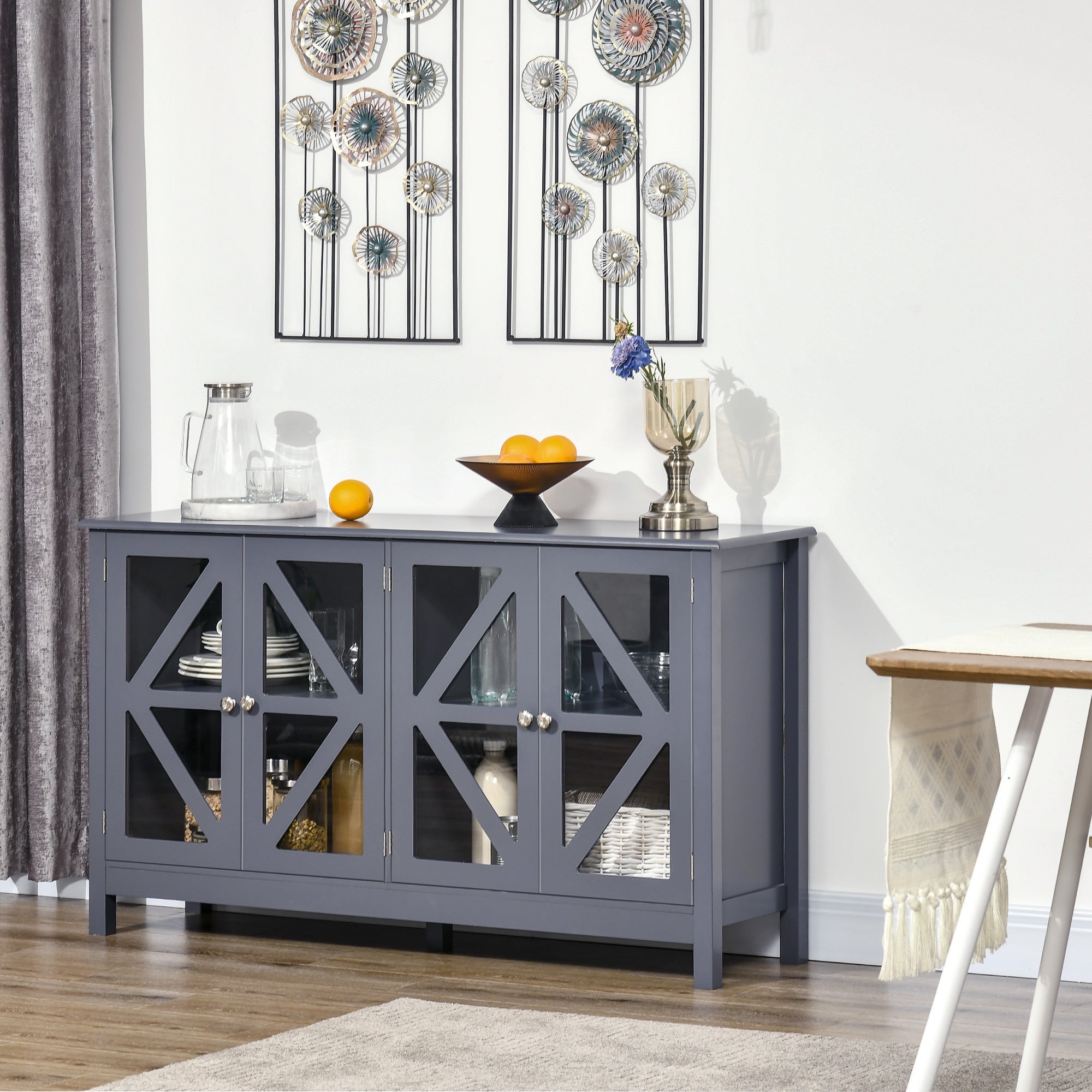 Sideboard Buffet Cabinet with 4 Tempered Glass Doors and Adjustable Storage Shelf Credenza Gray