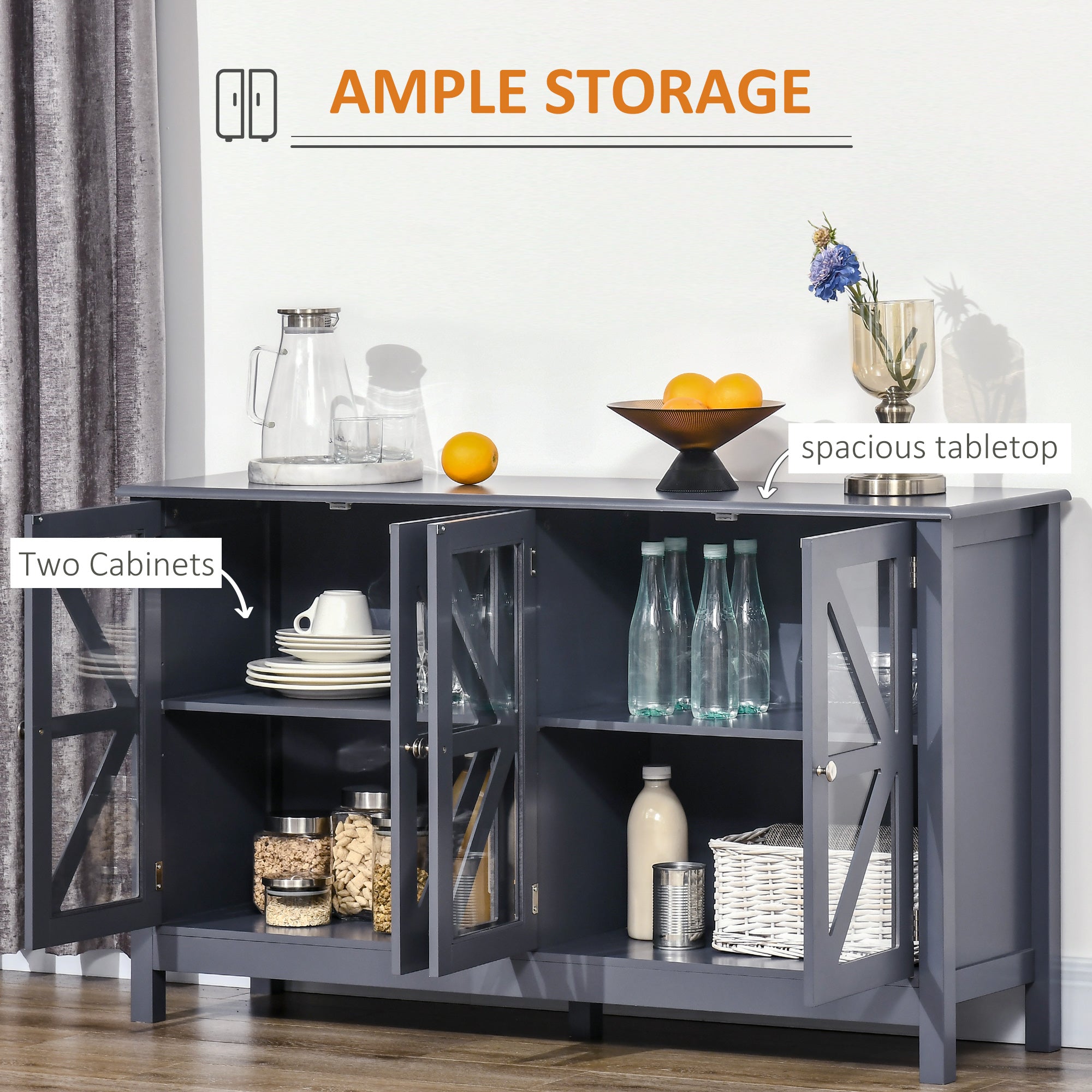 Sideboard Buffet Cabinet with 4 Tempered Glass Doors and Adjustable Storage Shelf Credenza Gray