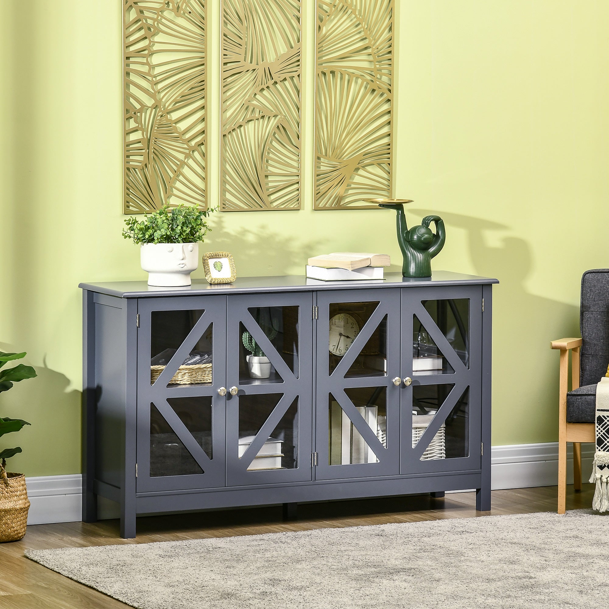 Sideboard Buffet Cabinet with 4 Tempered Glass Doors and Adjustable Storage Shelf Credenza Gray