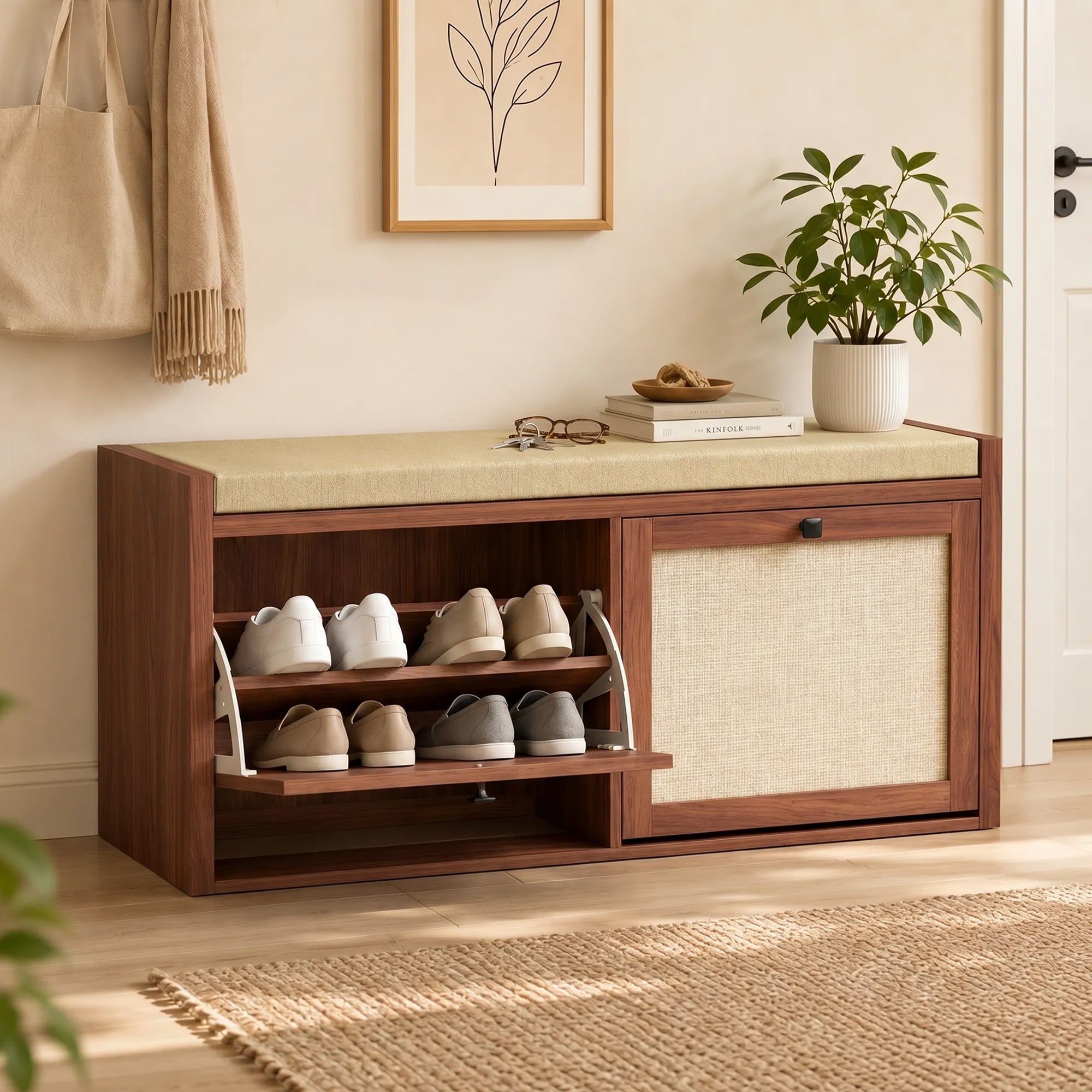 Shoe Bench with 2 Rattan Doors, Shoe Storage Bench with Padded Cushion Seat for Hallway, Living Room, Bedroom, Brown