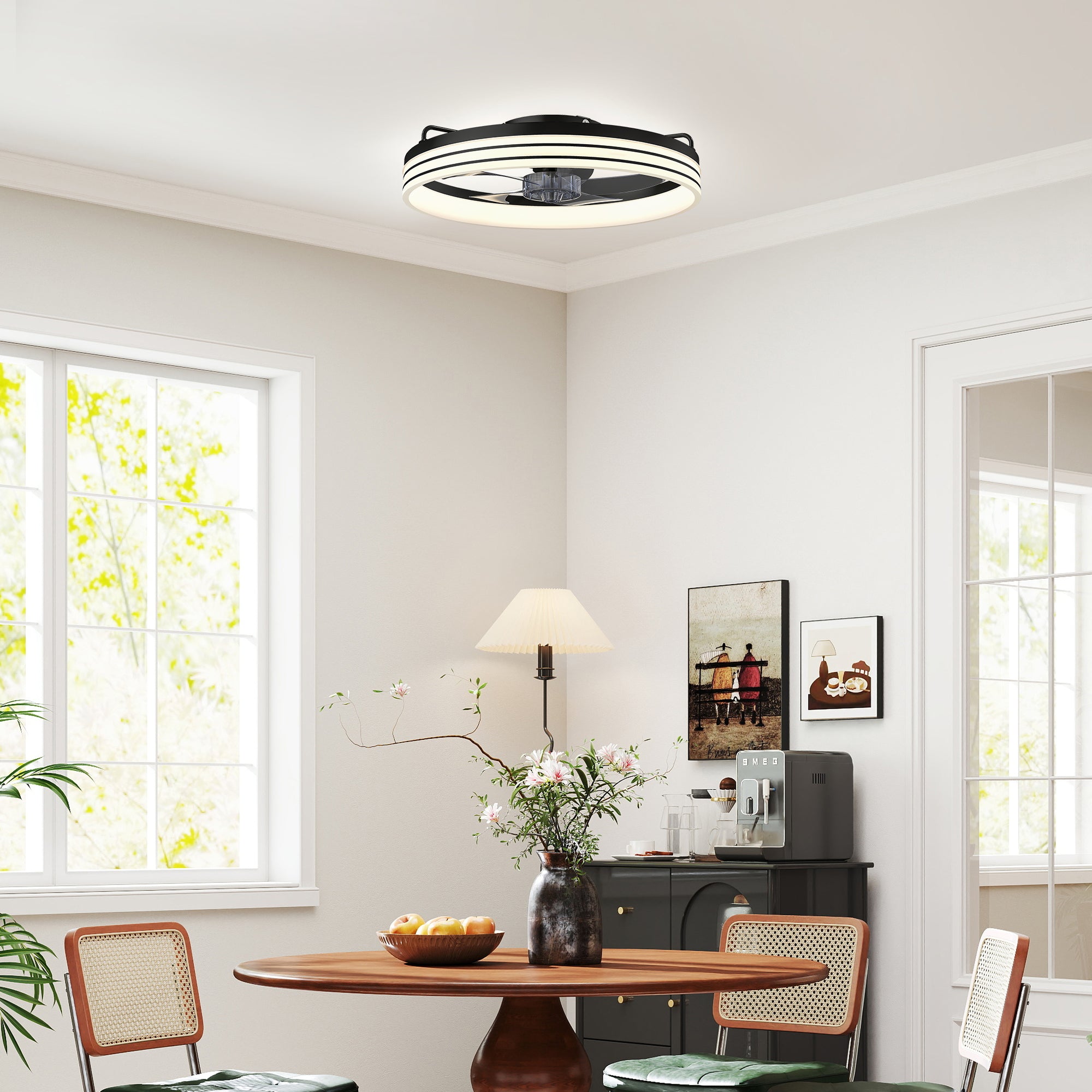 Ceiling Fans with Lights and Remote & App Control, 50 cm Modern LED Ceiling Fan Light with 3 Colour Temperatures, 6 Speed, Timer, Dimmable, Quiet Reversible DC Motor, for Bedroom, Study, Black