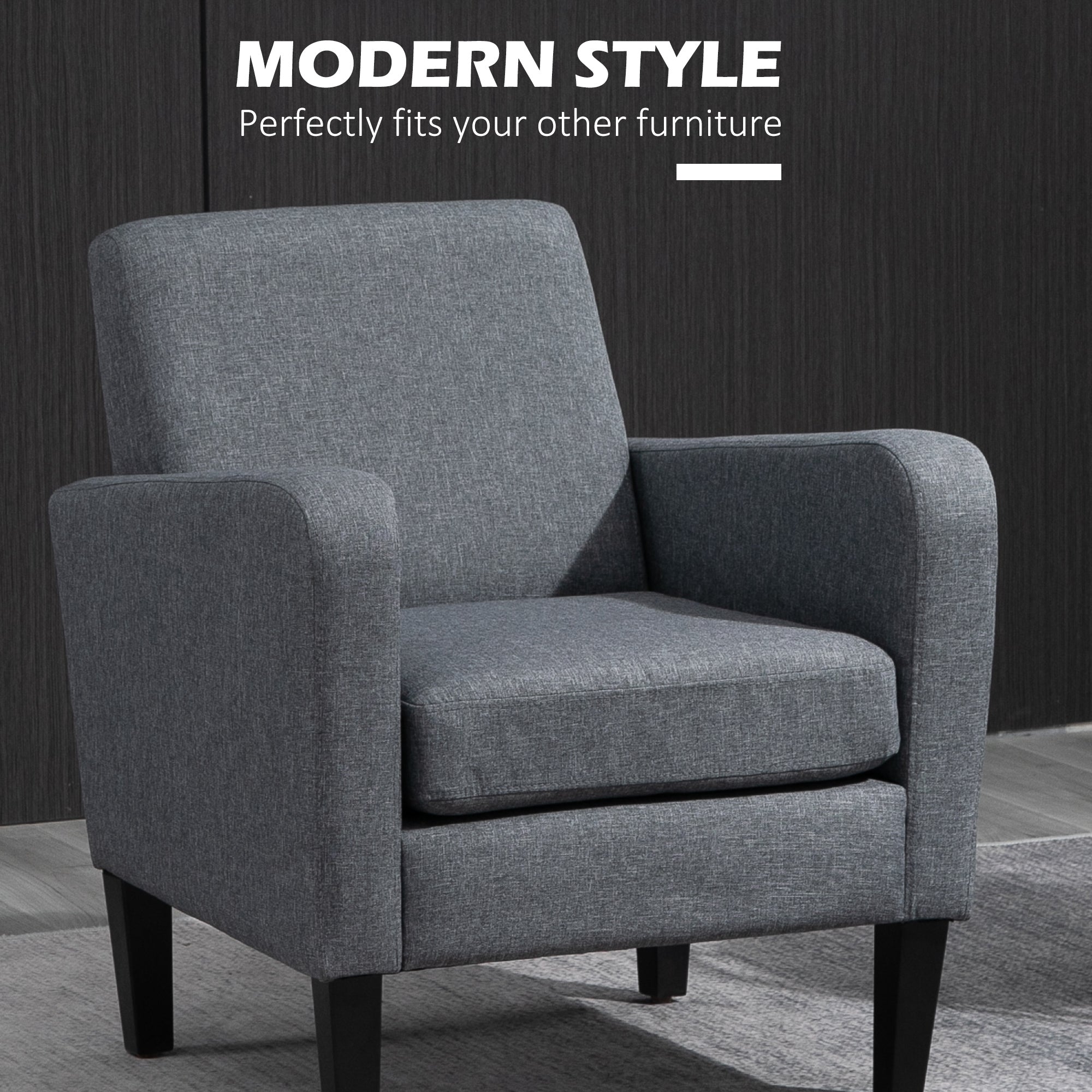 HOMCOM Modern Armchair with Rubber Wood Legs, Upholstered Accent Chair, Single Sofa for Living Room, Bedroom, Grey